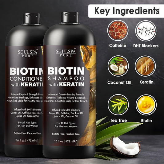 SoulSpa Pure anti thinning hair growth shampoo bottle displaying key ingredients including biotin and keratin.