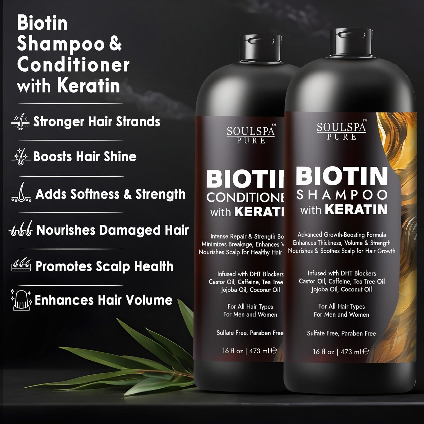 SoulSpa Pure advanced hair repair conditioner bottle showcasing DHT blockers and sulfate free formula benefits.