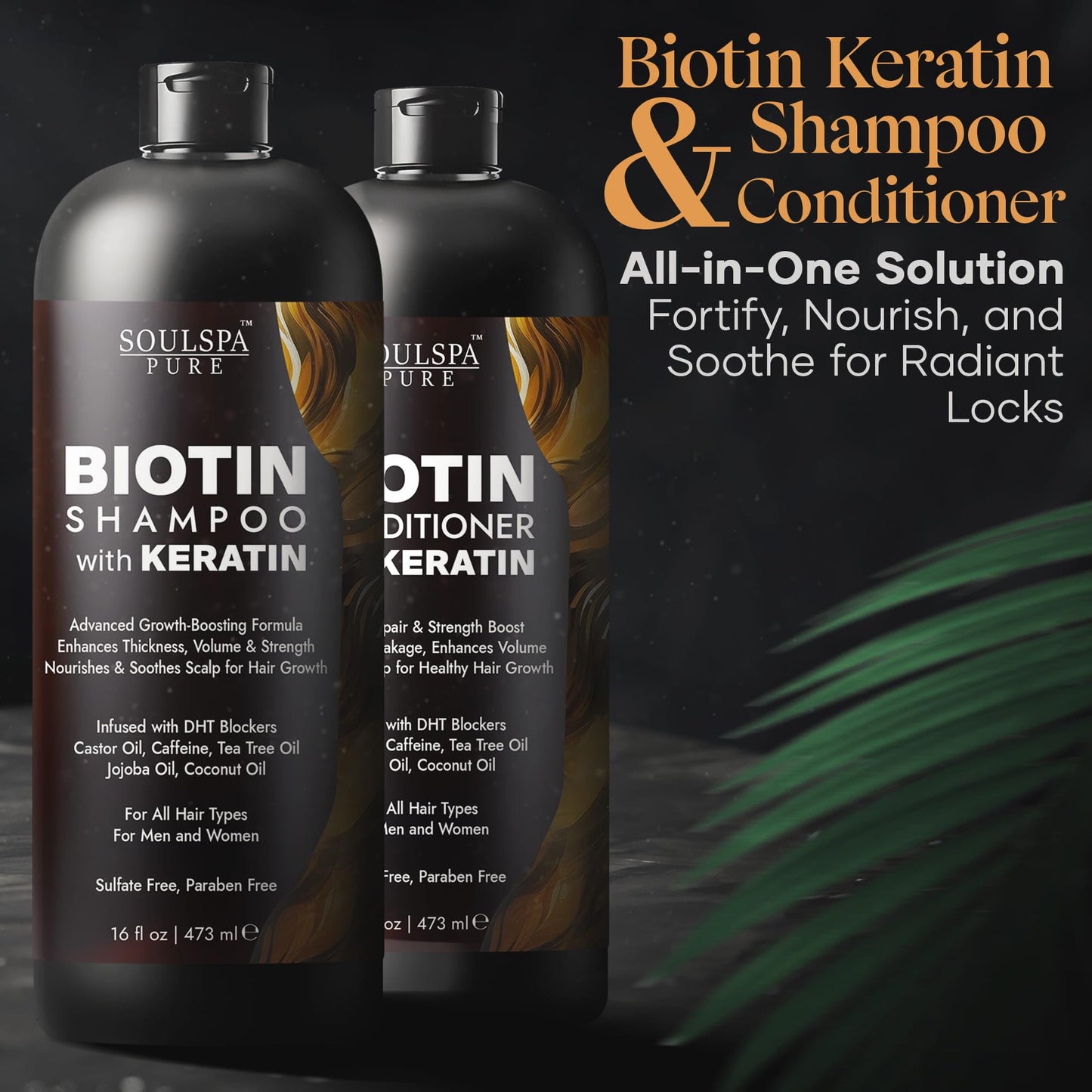 Close up view of the convenient pump dispensers on the imported SoulSpa Pure sixteen fluid ounce hair care bottles.