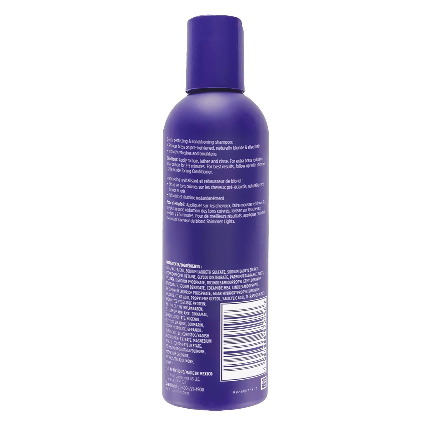 Clairol Shimmer Lights Blonde Toning Shampoo eight fluid ounce packaging showing product labels