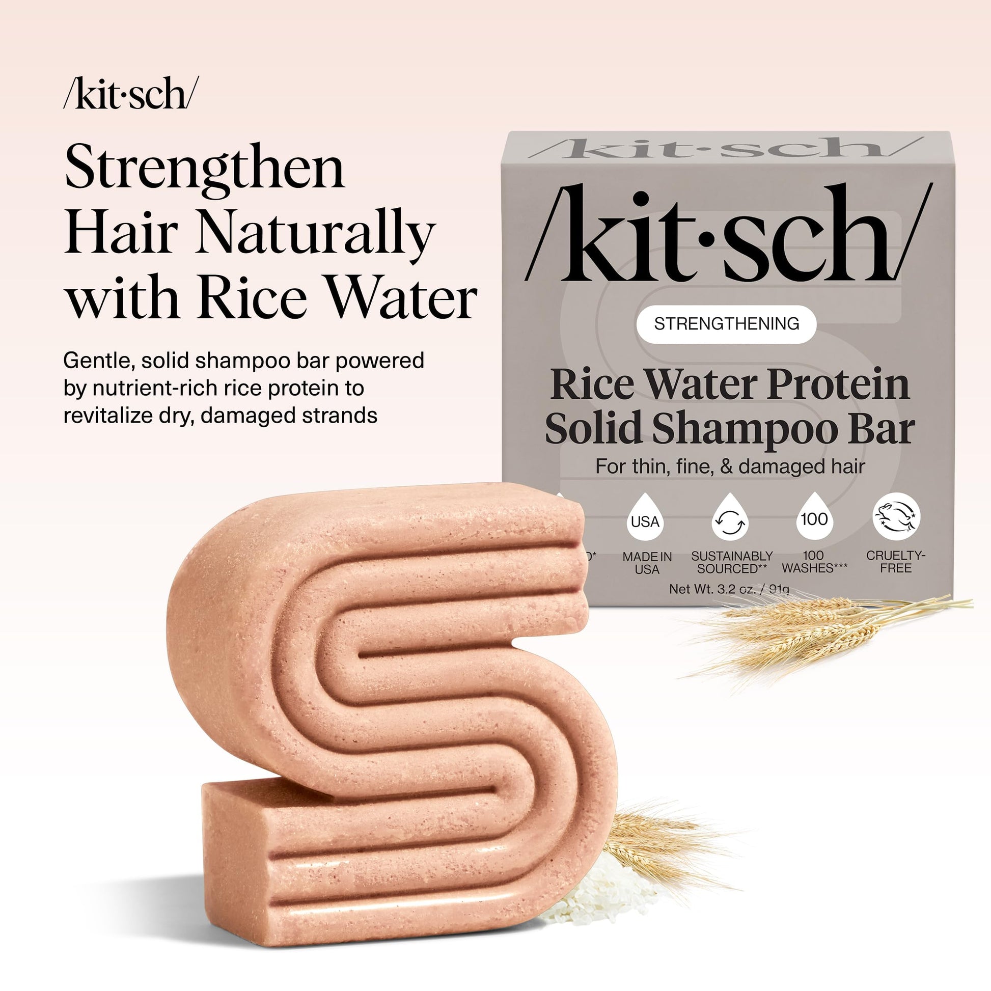Kitsch Rice Water Strengthening Solid Shampoo Bar unpacked on a dry surface