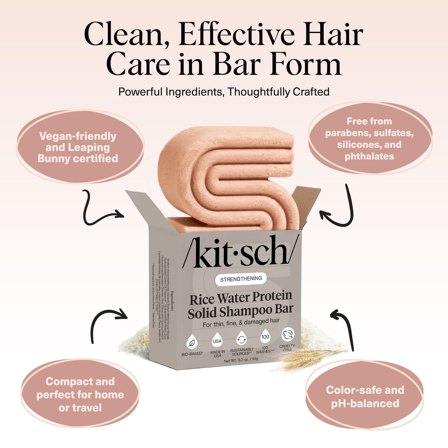 Eco friendly Kitsch Rice Water Shampoo Bar showing the zero waste solid design