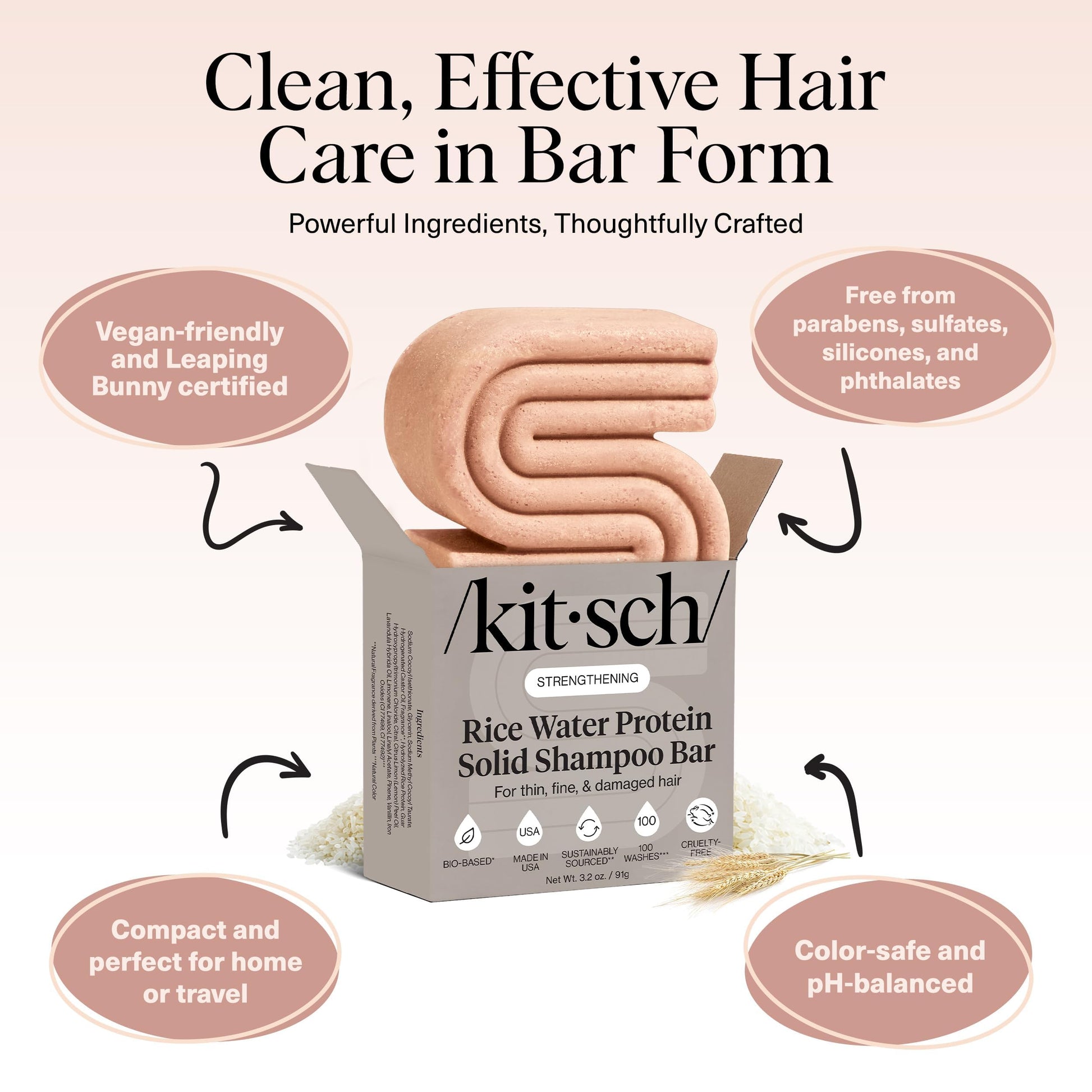 Eco friendly Kitsch Rice Water Shampoo Bar showing the zero waste solid design