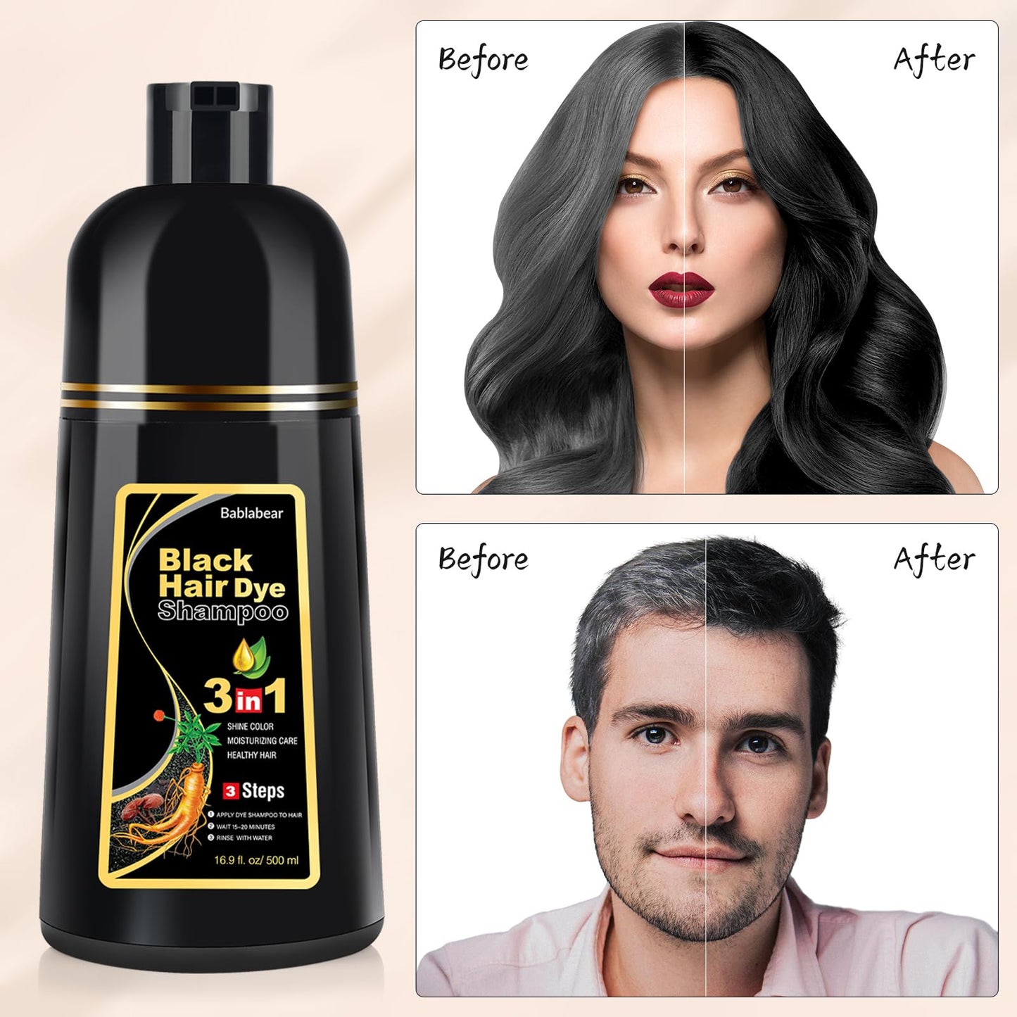 Bablabear 3 in 1 semi permanent black hair color shampoo bottle on a clean background for men and women