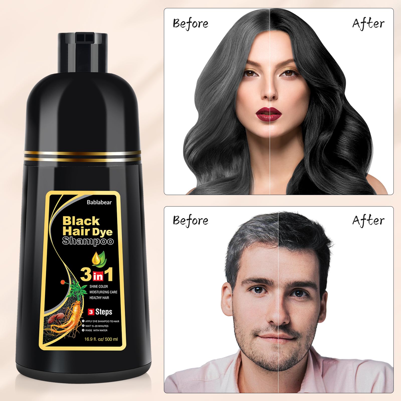 Bablabear 3 in 1 semi permanent black hair color shampoo bottle on a clean background for men and women