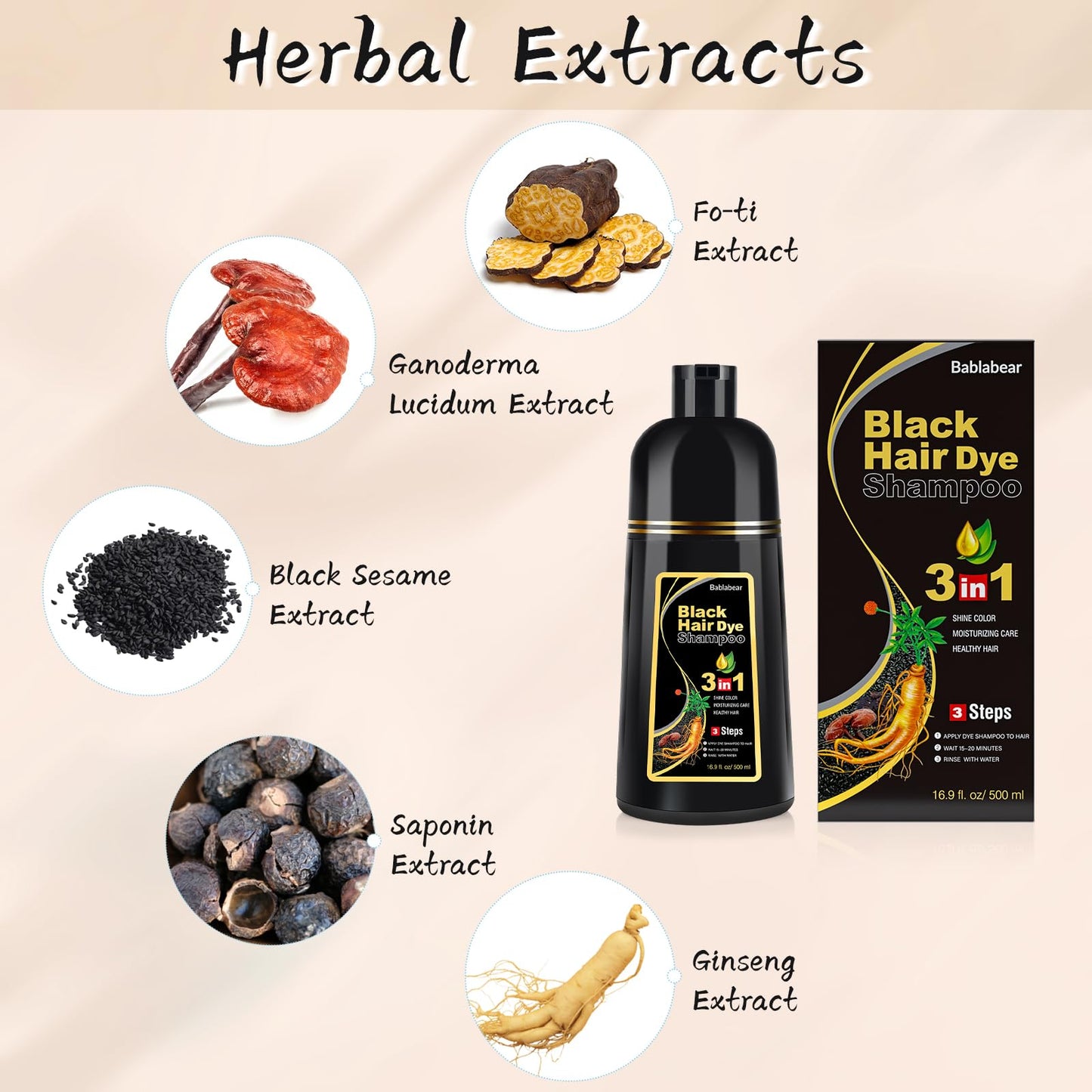 Bablabear herbal black hair dye shampoo packaging highlighting ginseng and black sesame extracts