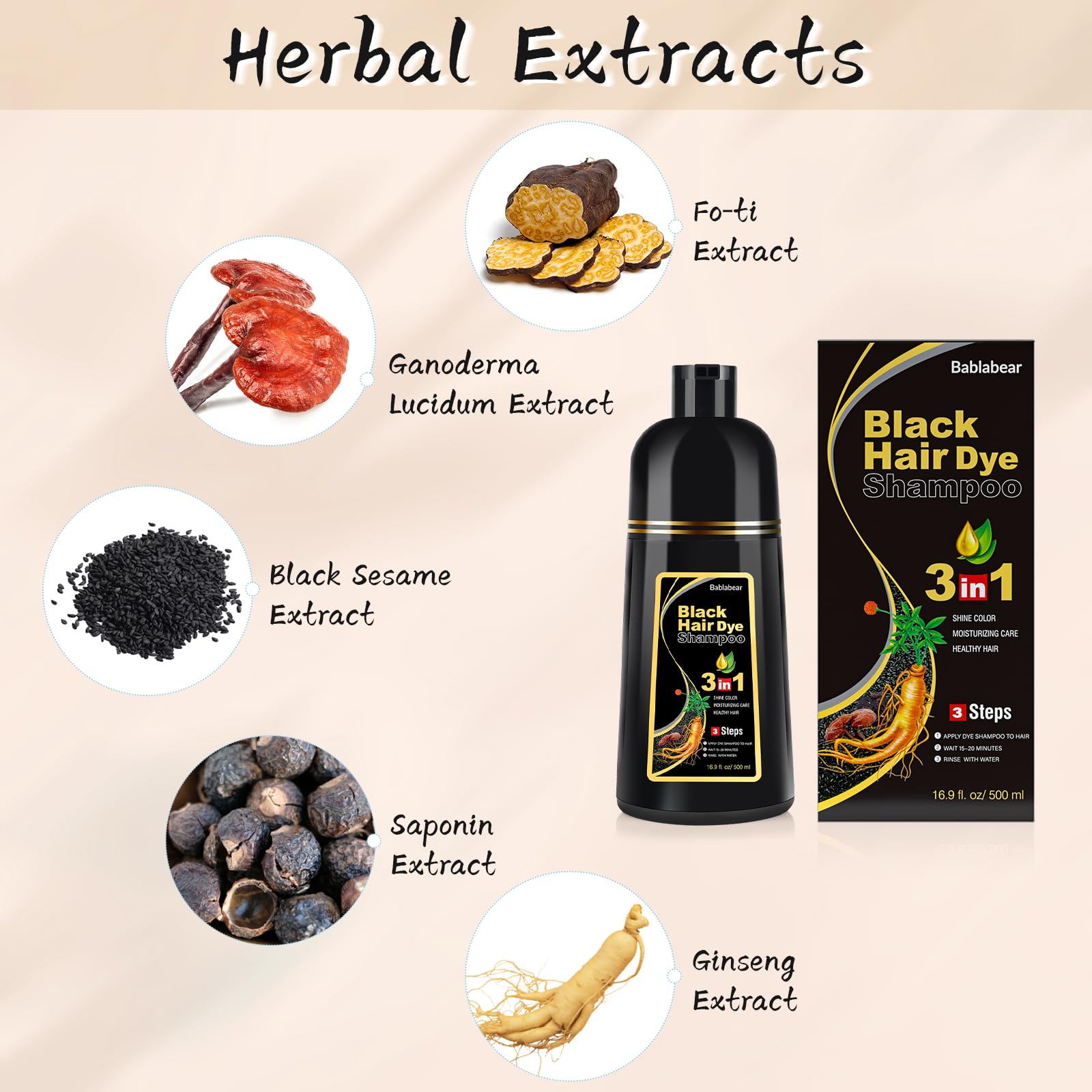 Bablabear herbal black hair dye shampoo packaging highlighting ginseng and black sesame extracts