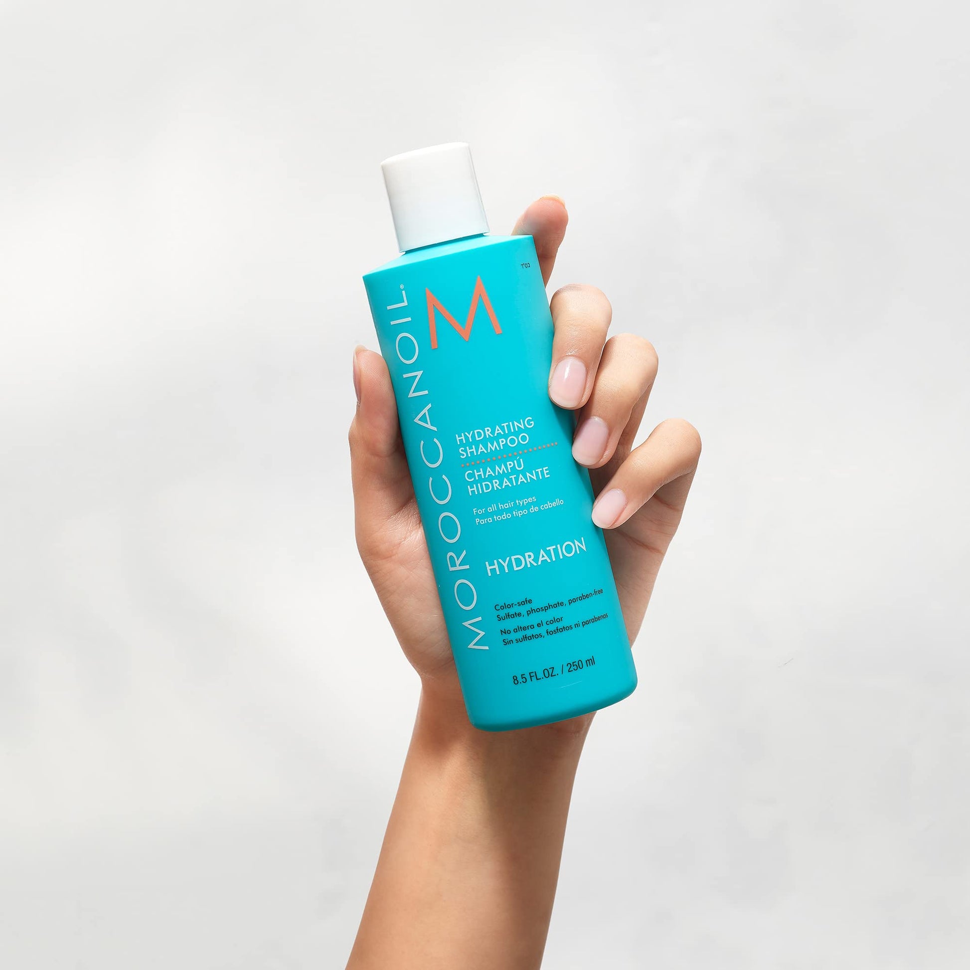 Moroccanoil argan oil infused shampoo bottle packaging perspective view