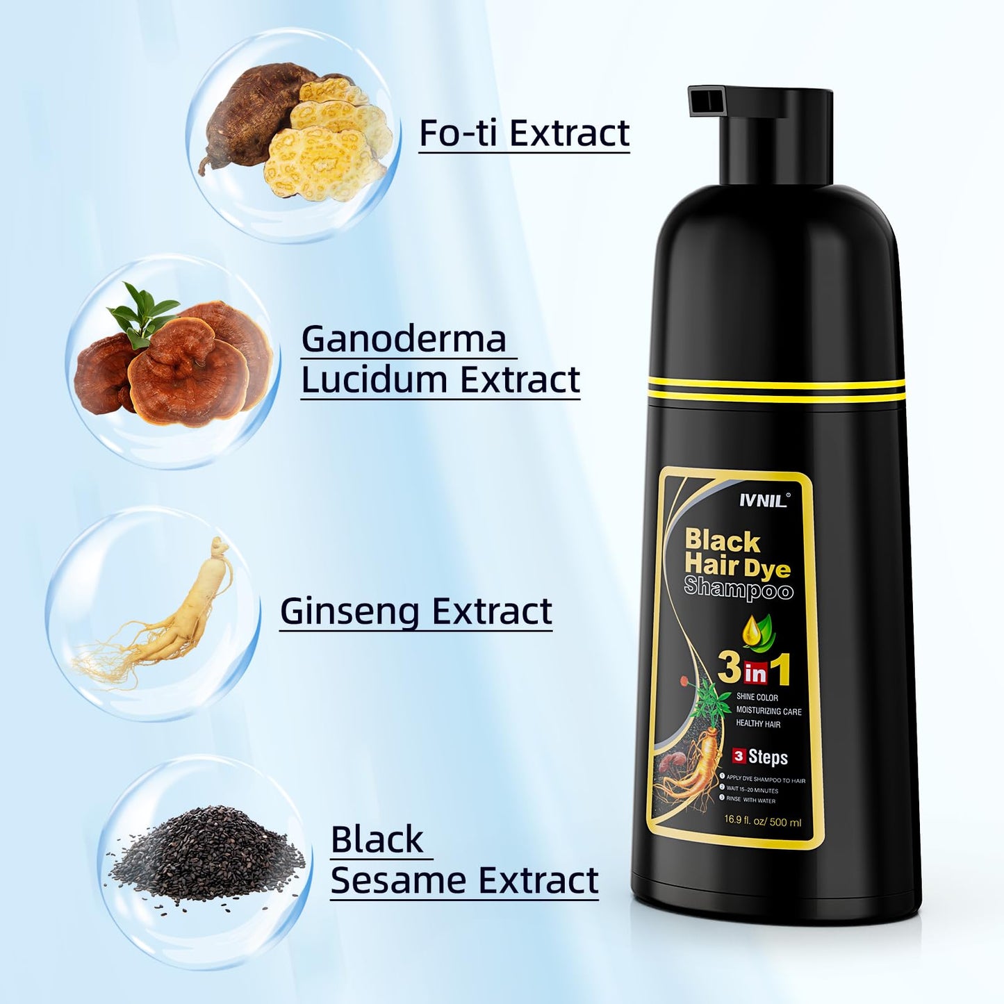 Ivnil natural black hair dye bottle showing ginseng and botanical plant extracts