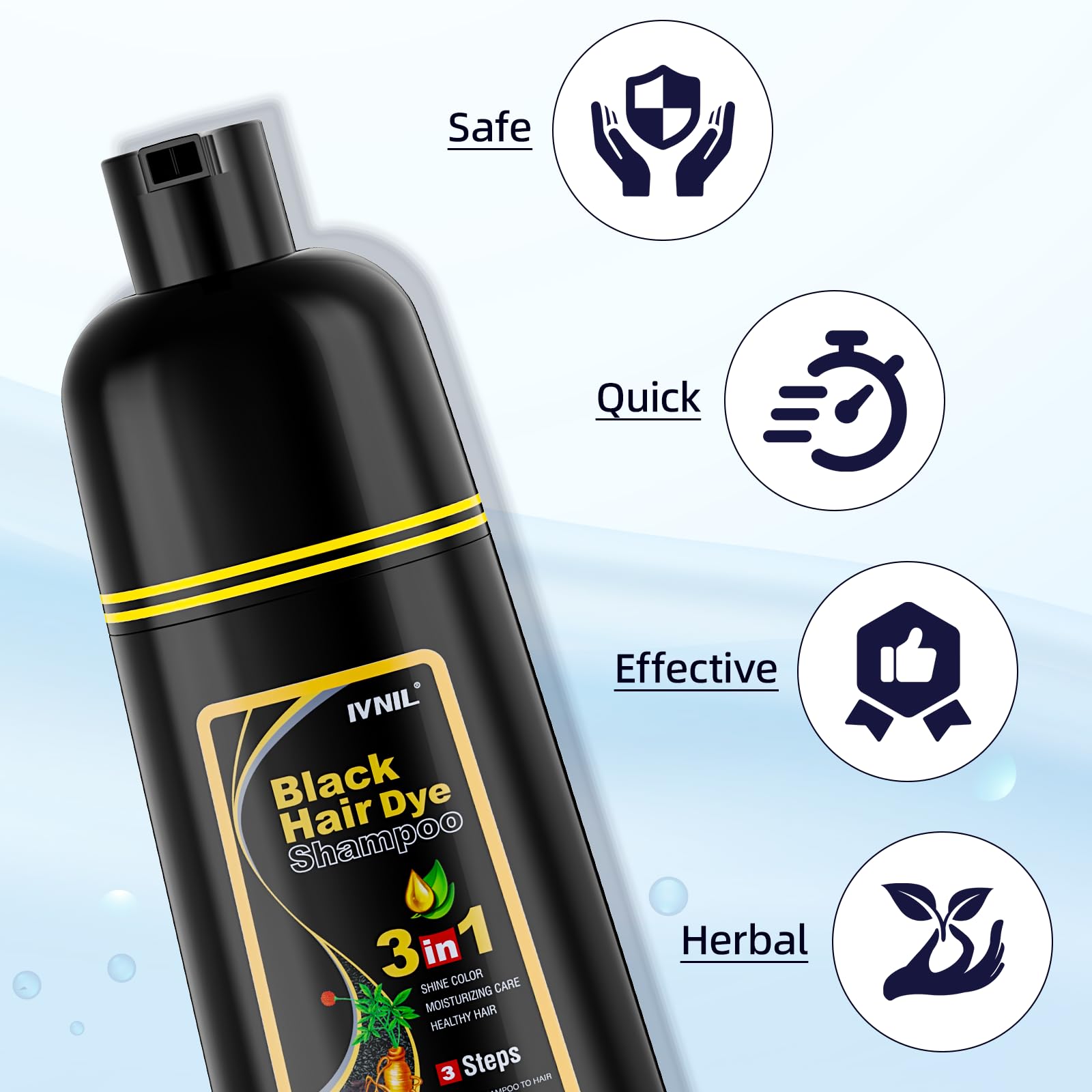 Side view of Ivnil ammonia free black hair dye product highlighting safe gray hair coverage