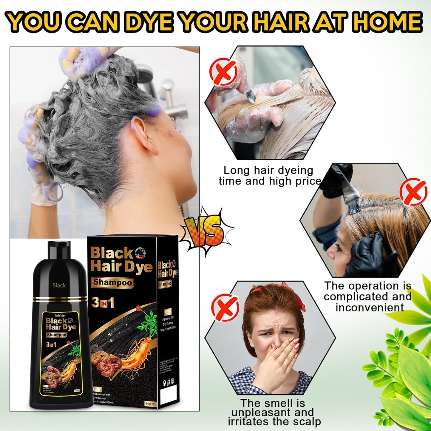 Before and after results demonstration of Sminktec black hair dye shampoo