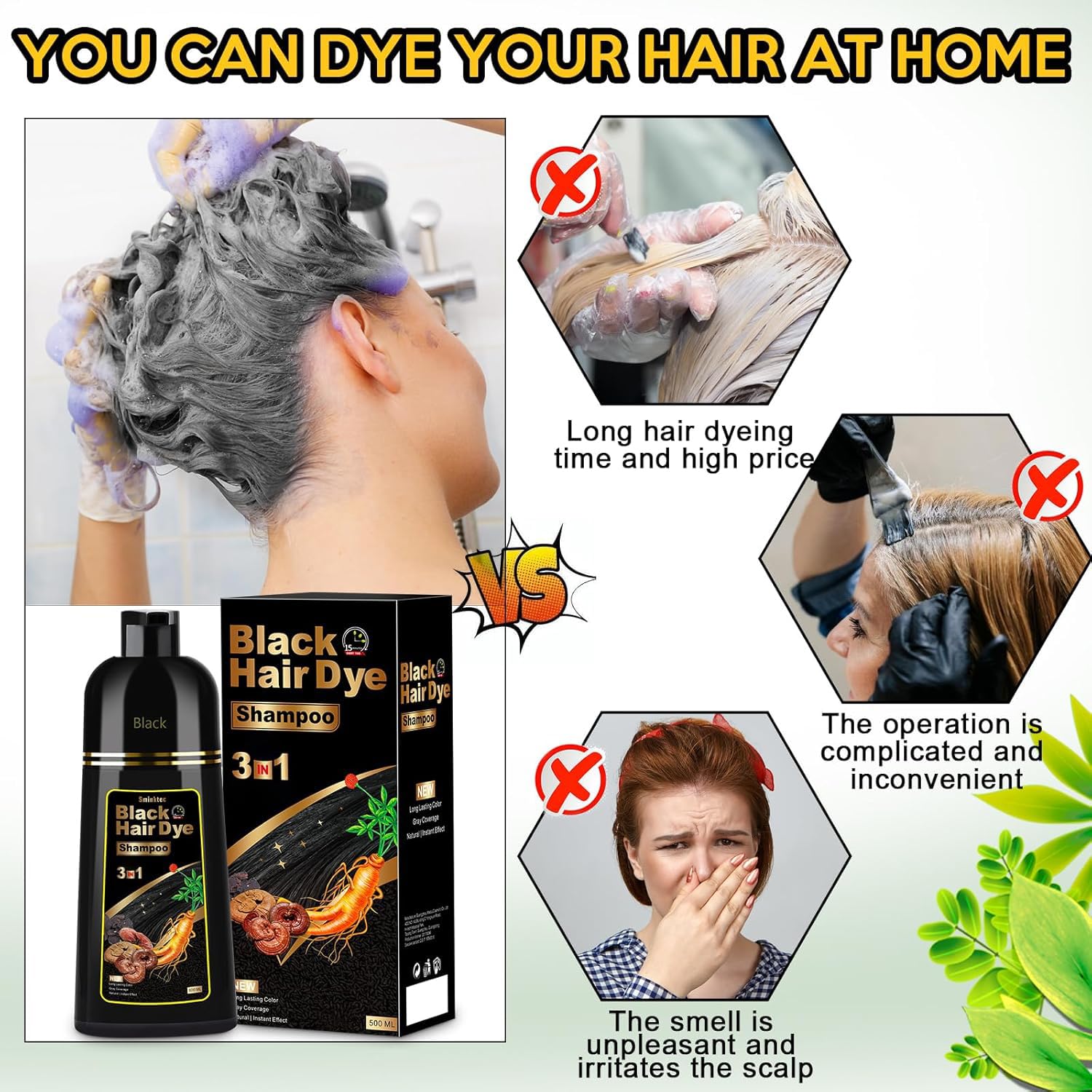 Before and after results demonstration of Sminktec black hair dye shampoo