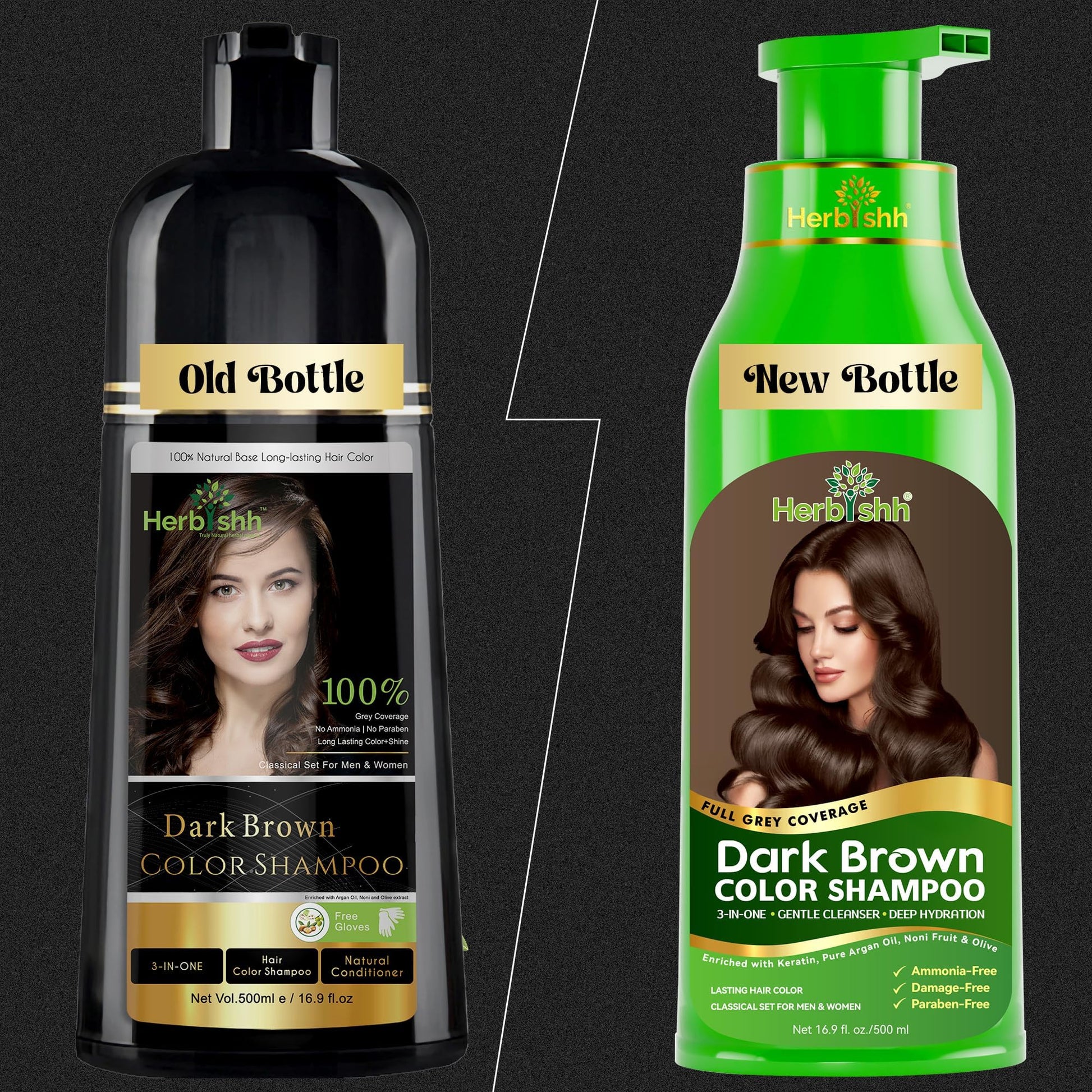 Herbishh 3 in 1 ammonia free hair dye shampoo bottle with pump dispenser packaging