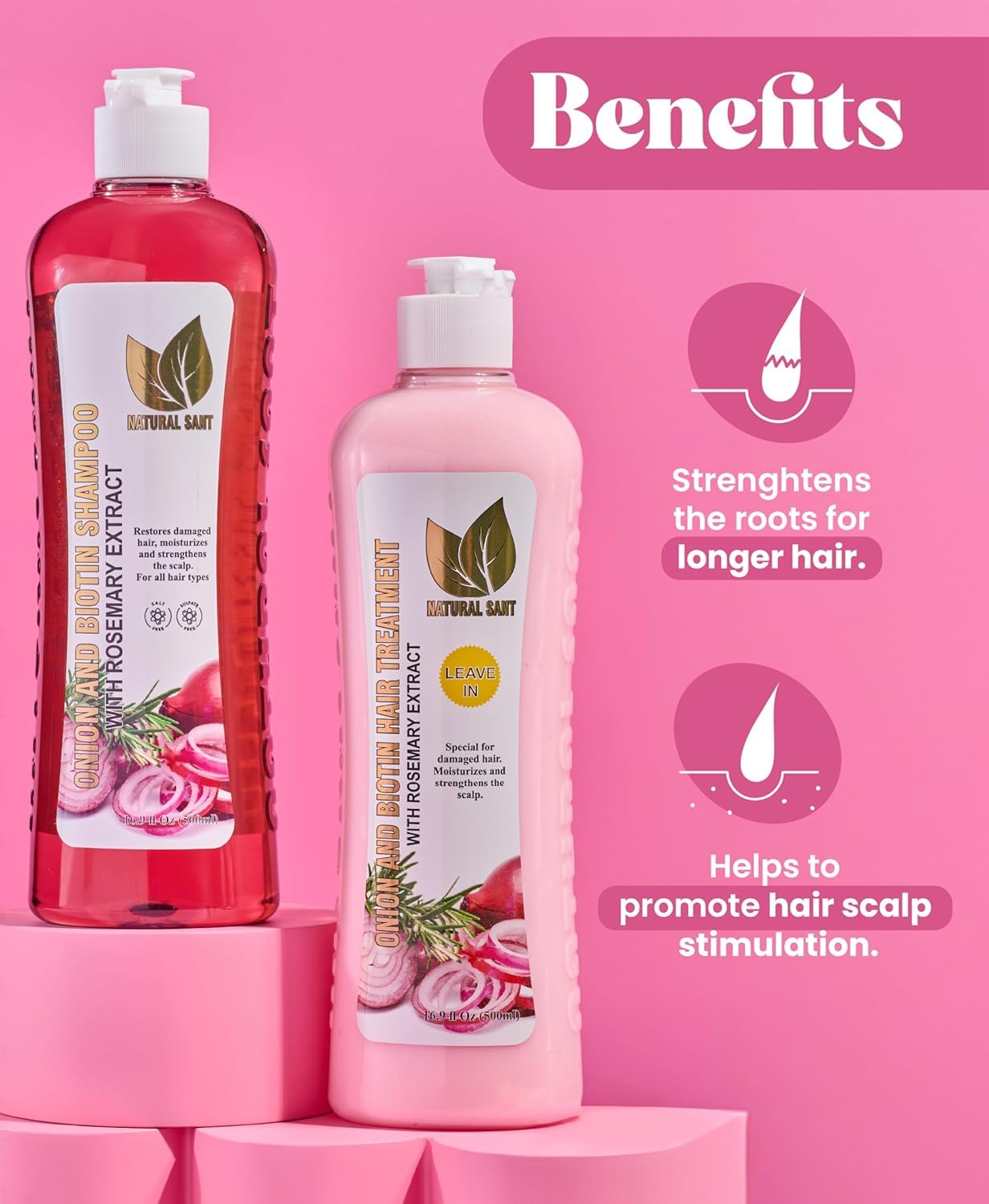 Natural Sant hair growth duo showing the back label with ingredients and usage directions