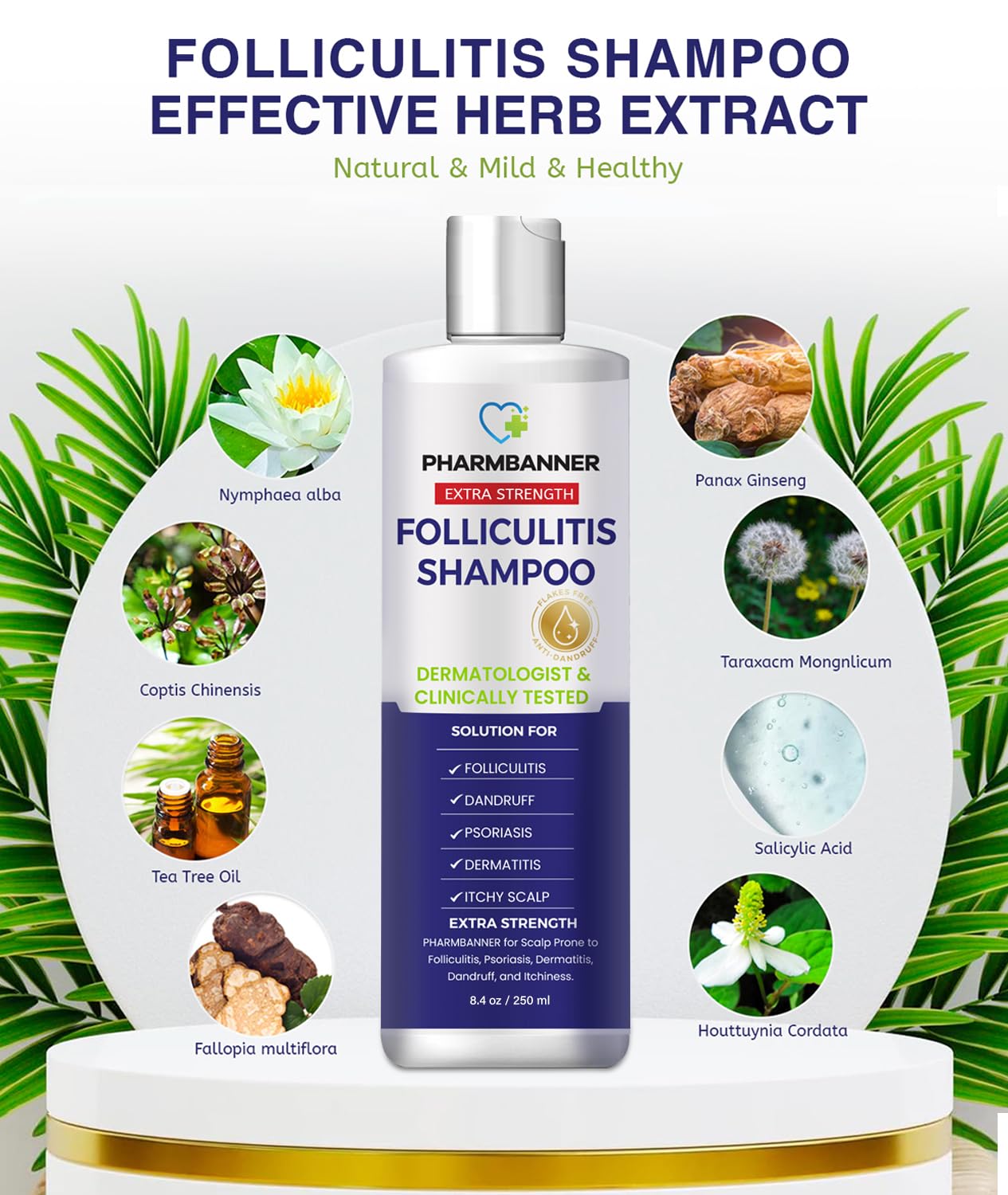 PHARMBANNER scalp psoriasis treatment shampoo bottle showcasing active ingredients
