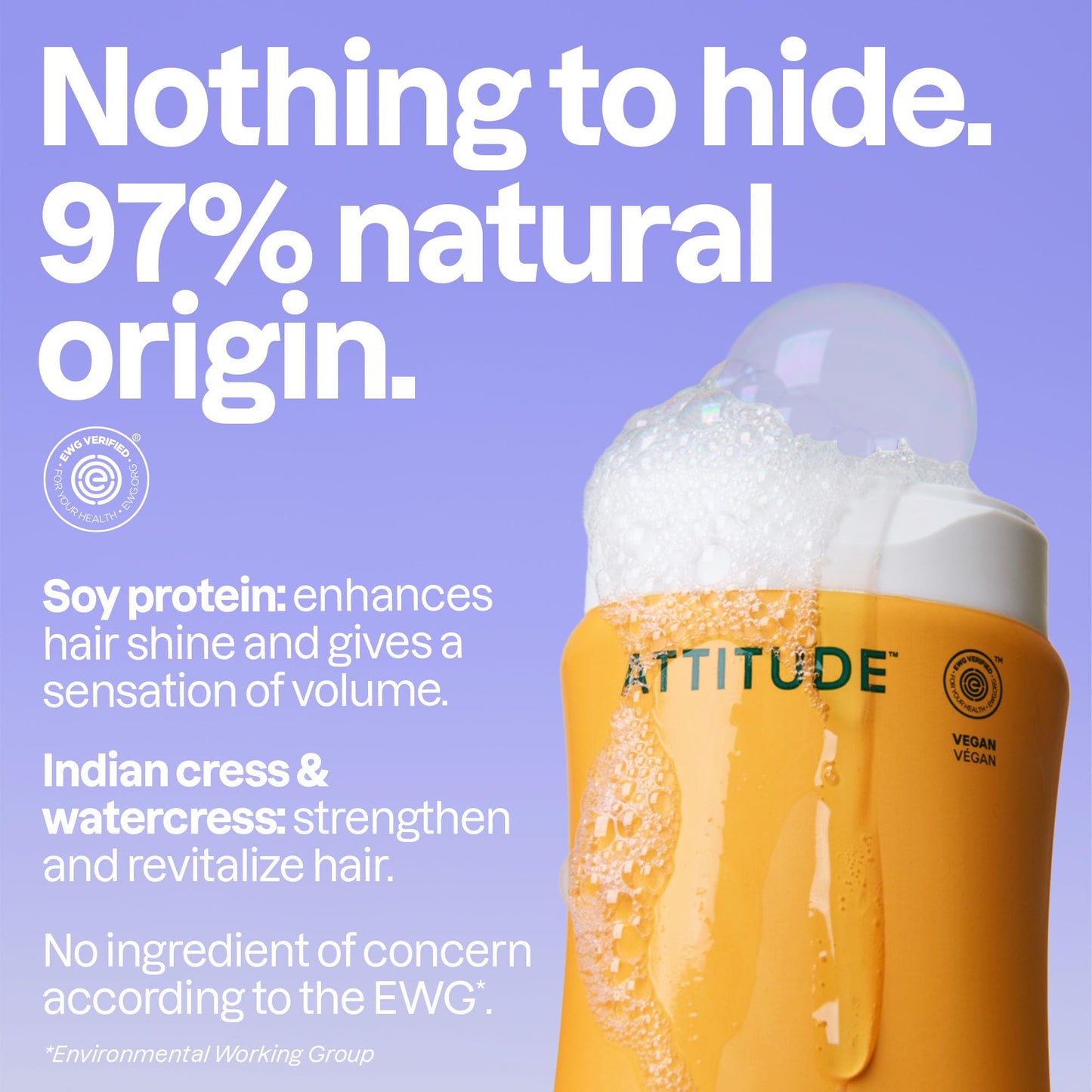 Back label of Attitude Natural Shampoo showing EWG Verified clean ingredients list