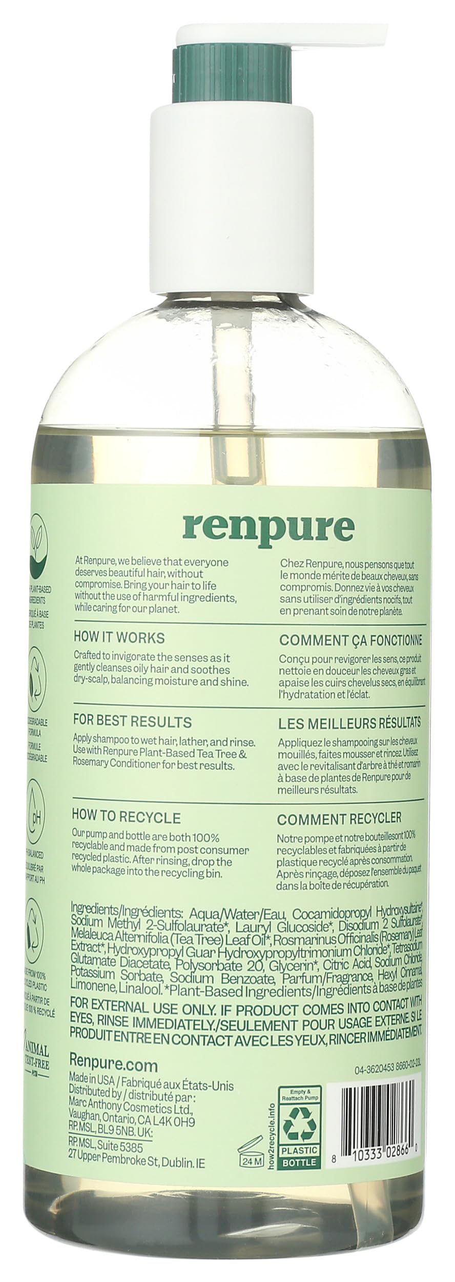 Renpure plant based rebalancing shampoo twenty four fluid ounce packaging details