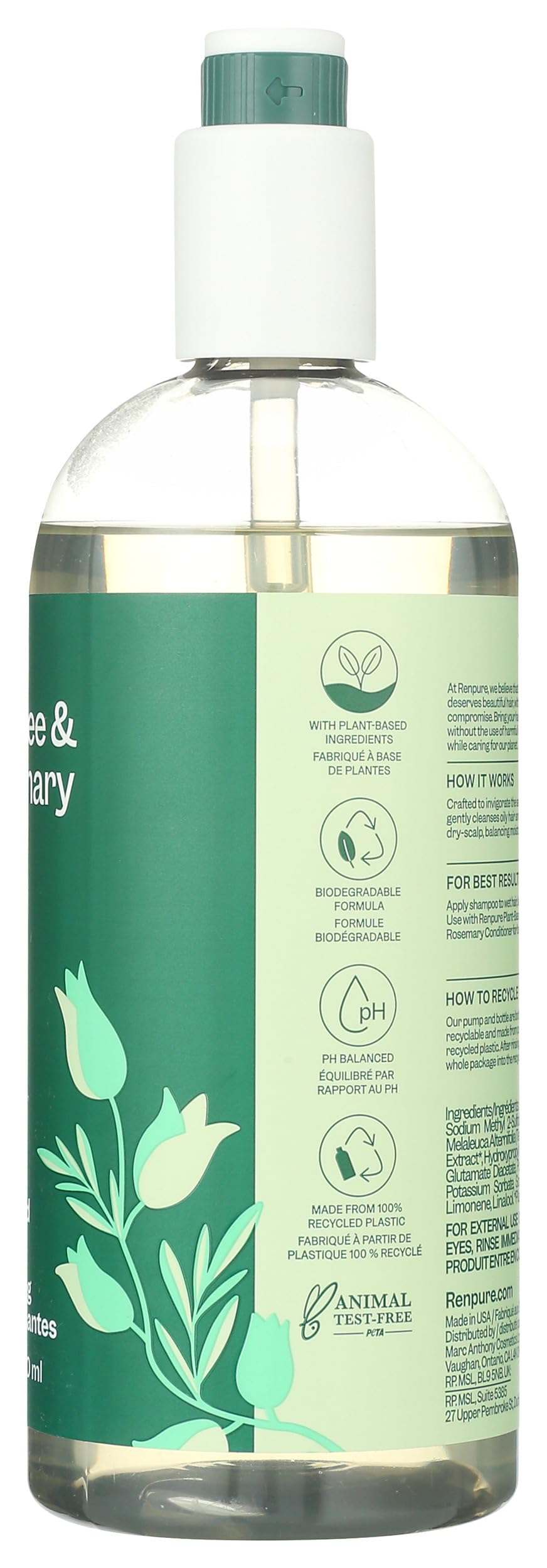 Close up of the recyclable pump design on the Renpure shampoo bottle