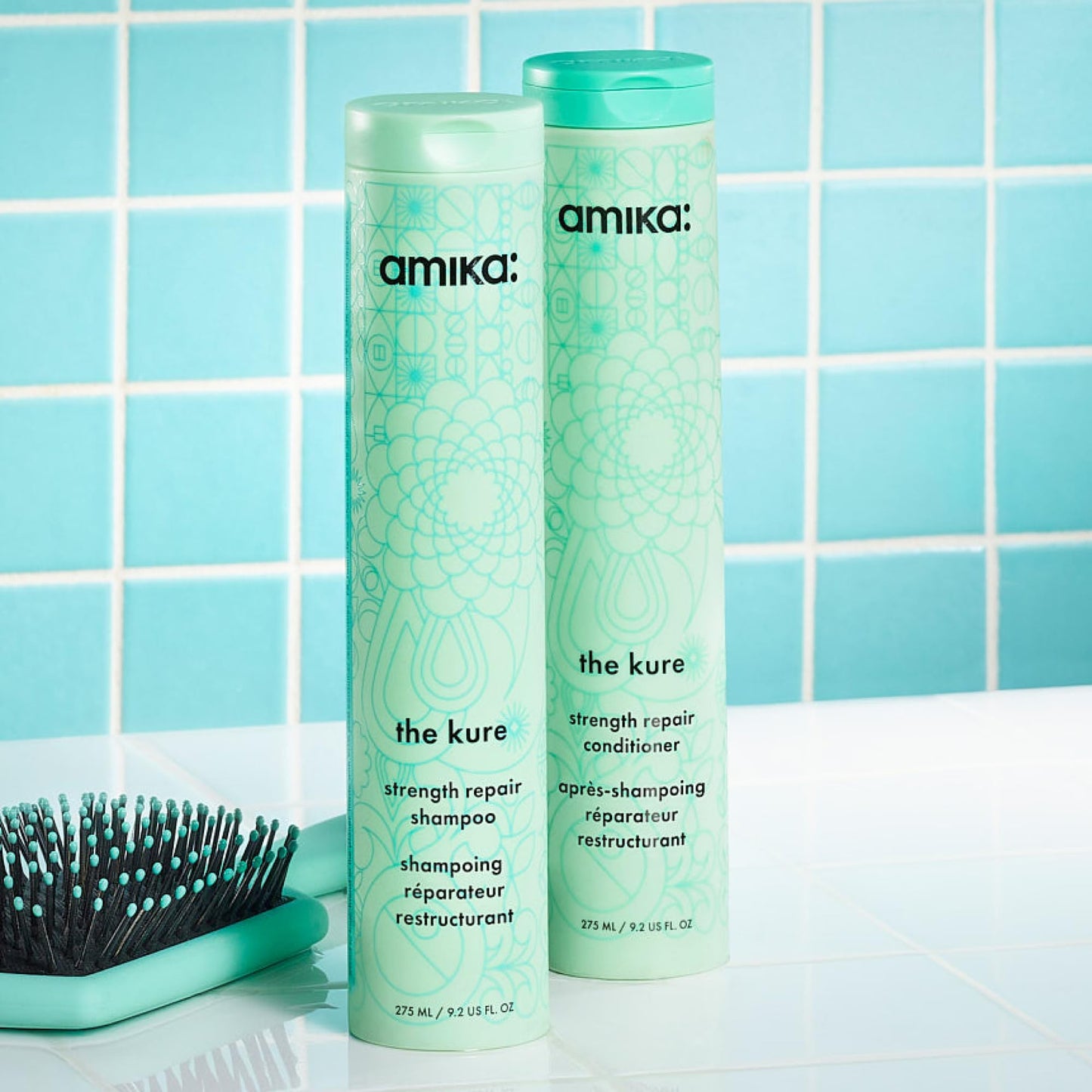 Amika bond repair shampoo 275ml liquid formula showing intricate line art design.
