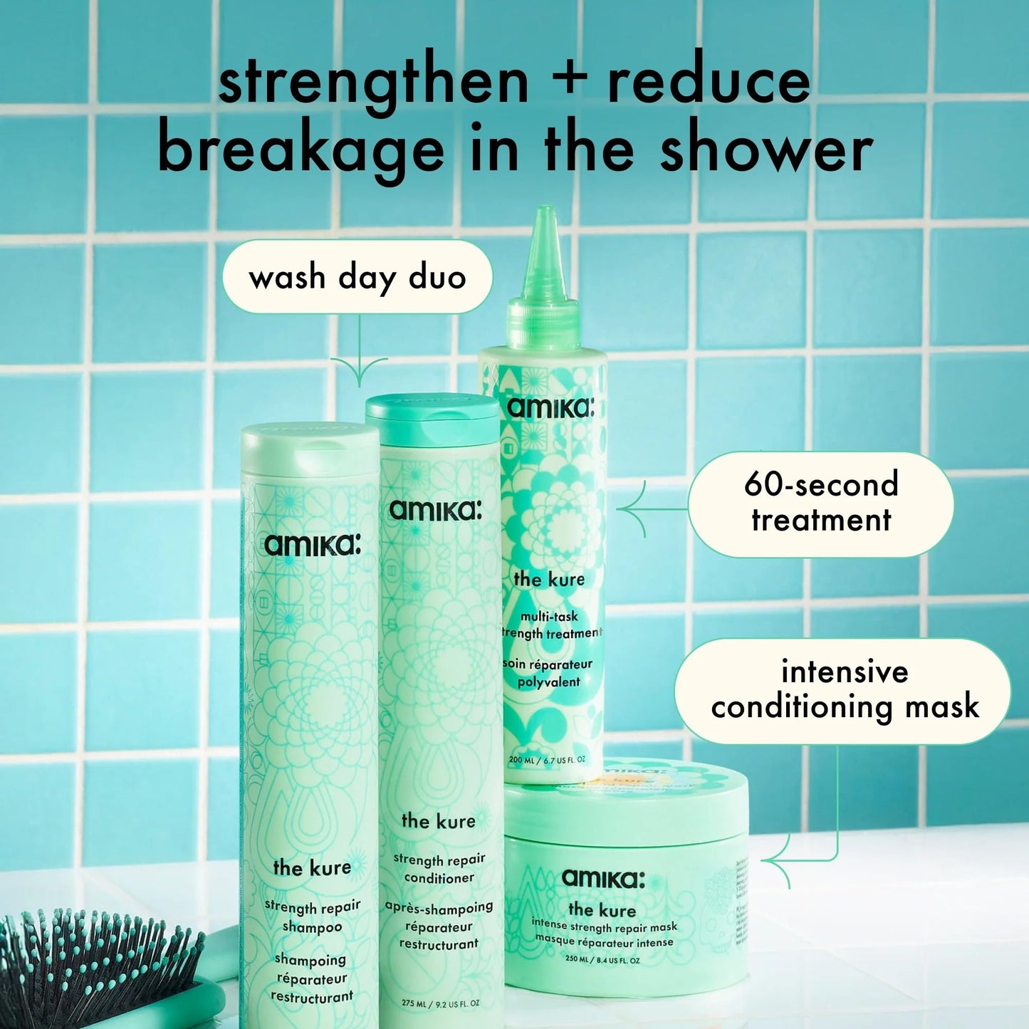 Amika imported hair strengthening shampoo packaging showing full ingredients list clearly.