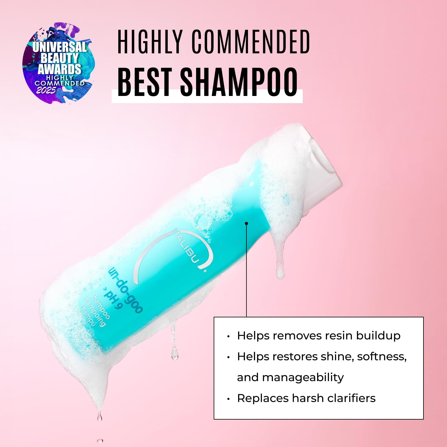 Malibu C pH 9 clarifying shampoo bottle for product buildup removal packaging detail