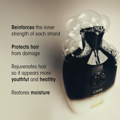 Back label of Oribe Gold Lust Repair And Restore Shampoo 8.5 fluid ounce with ingredient list and directions.
