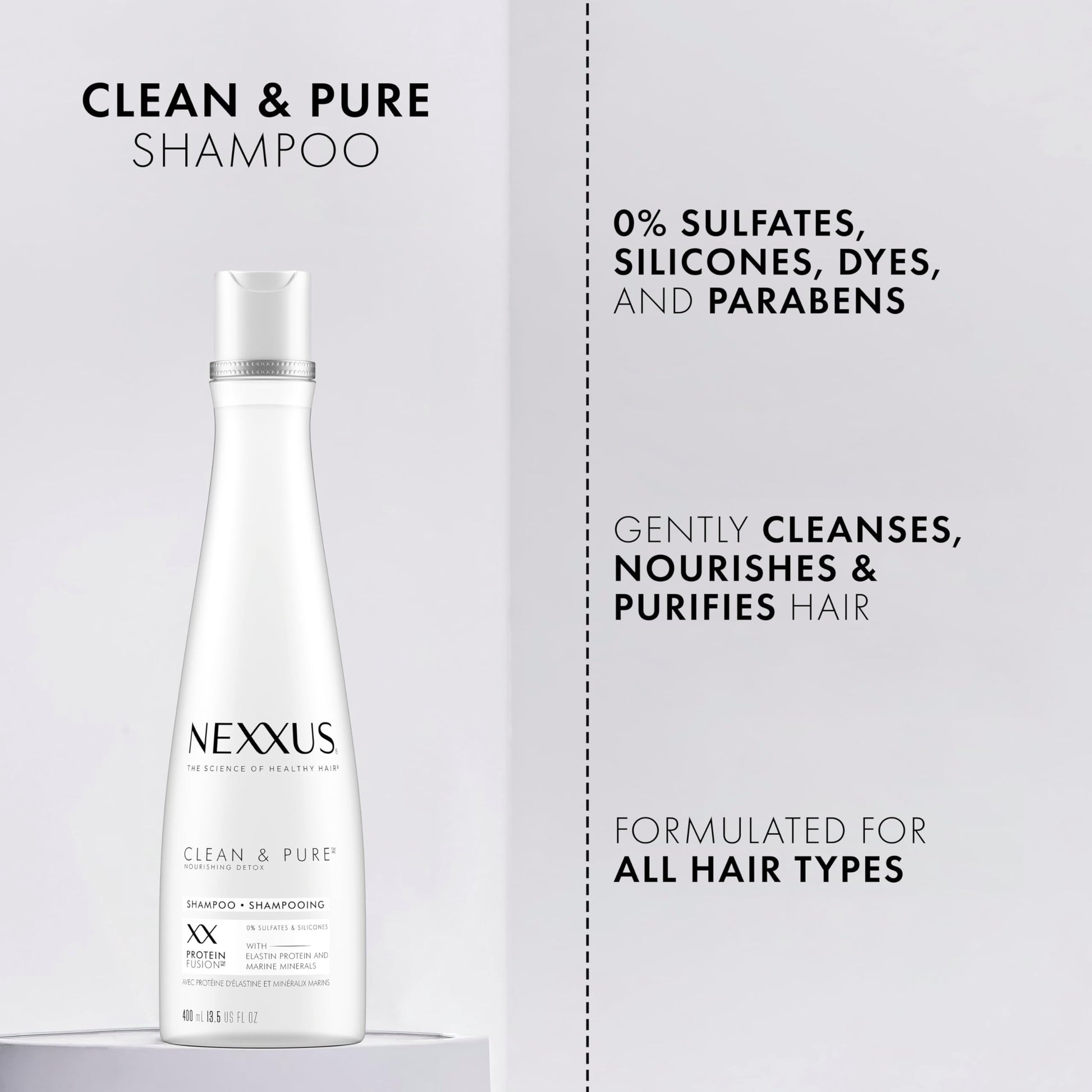 Nexxus Clean and Pure 13.5 Ounce bottle on a clean background for hair care routine
