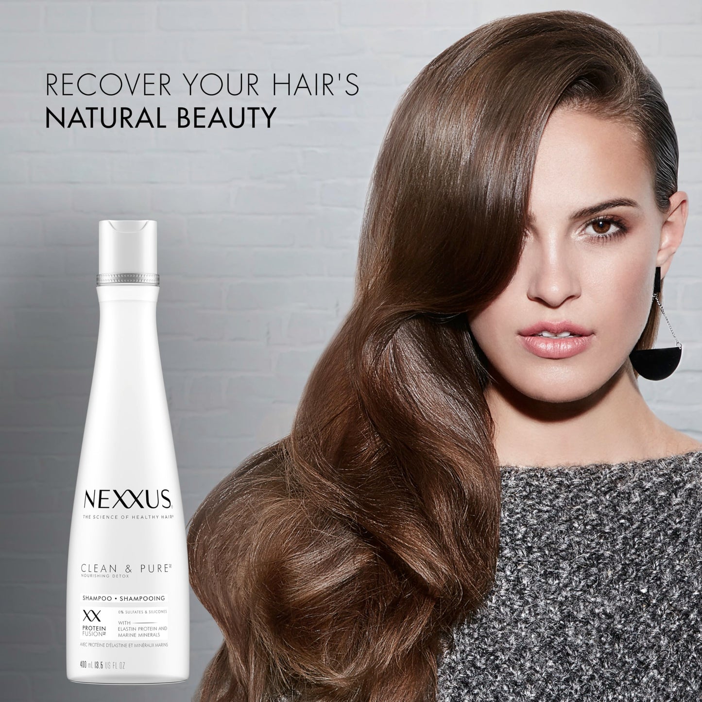 Nexxus professional salon detox shampoo showing the paraben free and silicone free icons
