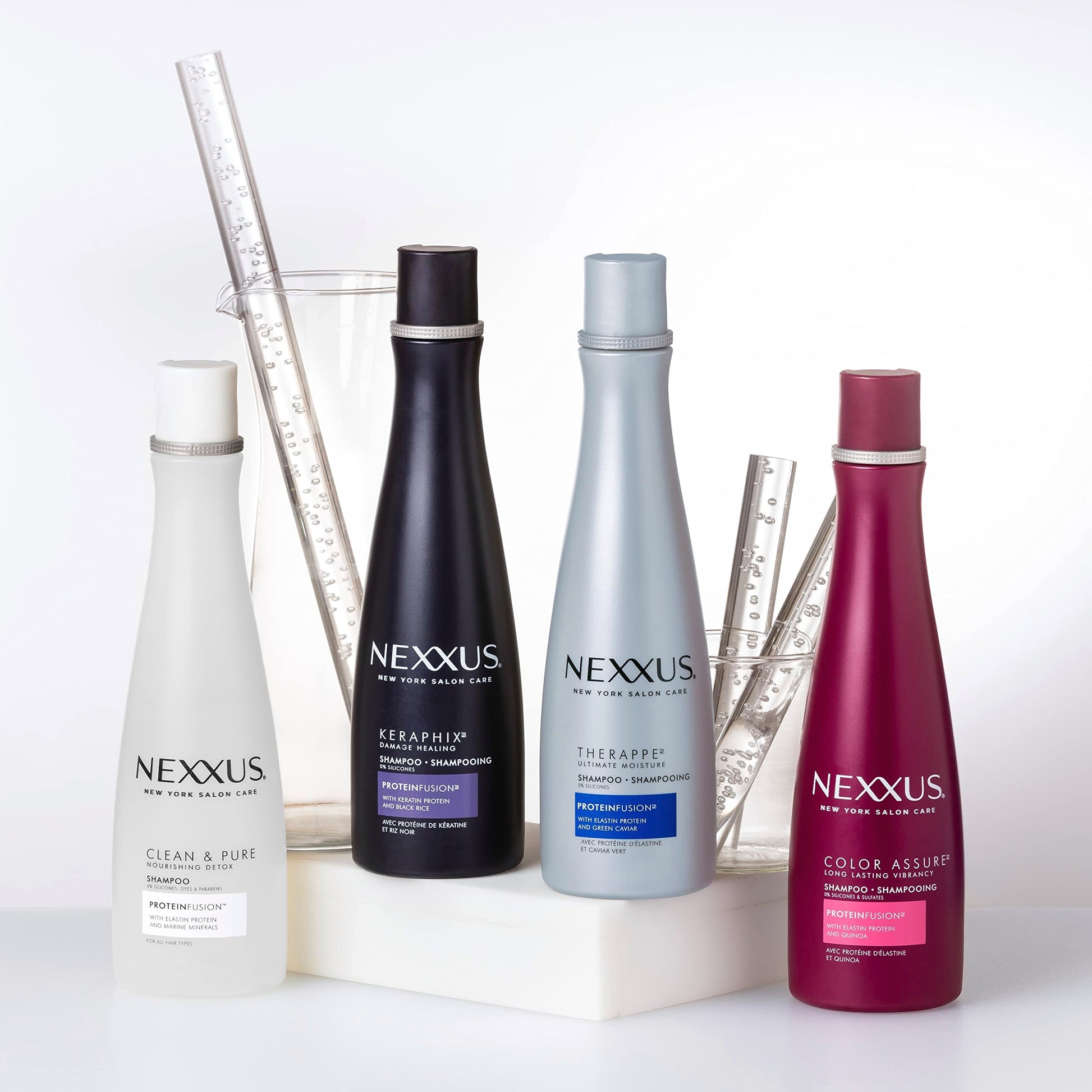 Nexxus Clean and Pure shampoo bottle side angle highlighting the liquid volume size