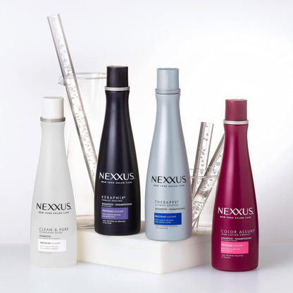 Nexxus Clean and Pure shampoo bottle side angle highlighting the liquid volume size