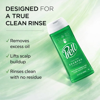 Thick gel consistency of Prell classic clean shampoo for men and women