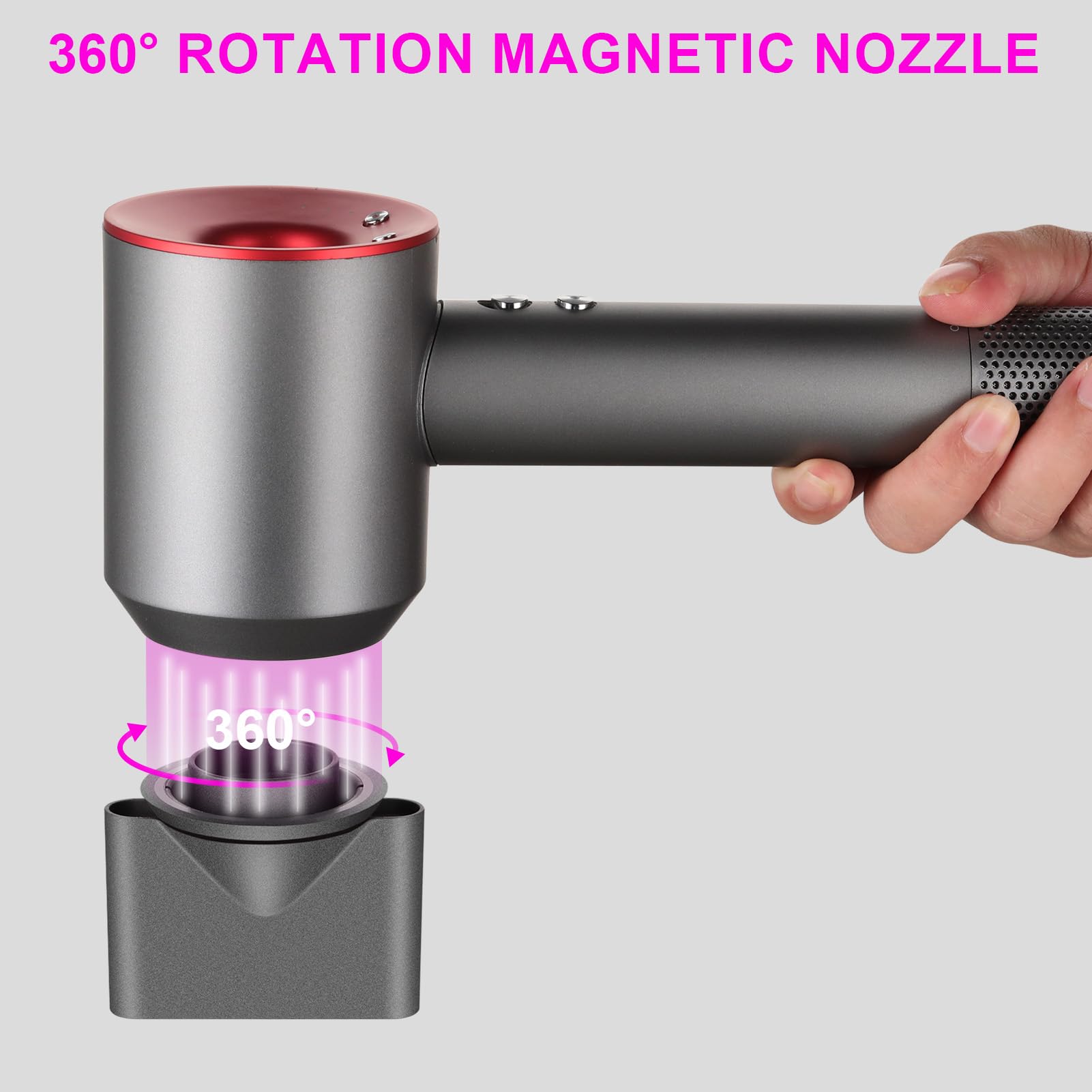 Sleek dark grey magnetic styling nozzle accessory showing the permanent magnet connection