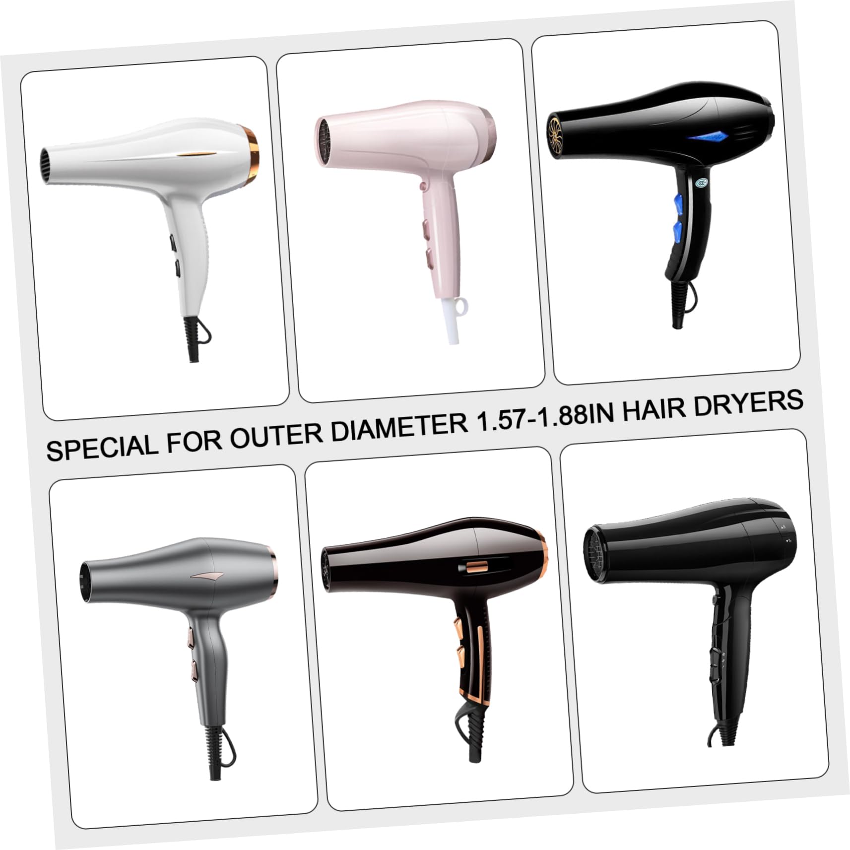 Two pack of black plastic hair dryer nozzles side by side displaying the universal barrel fitting