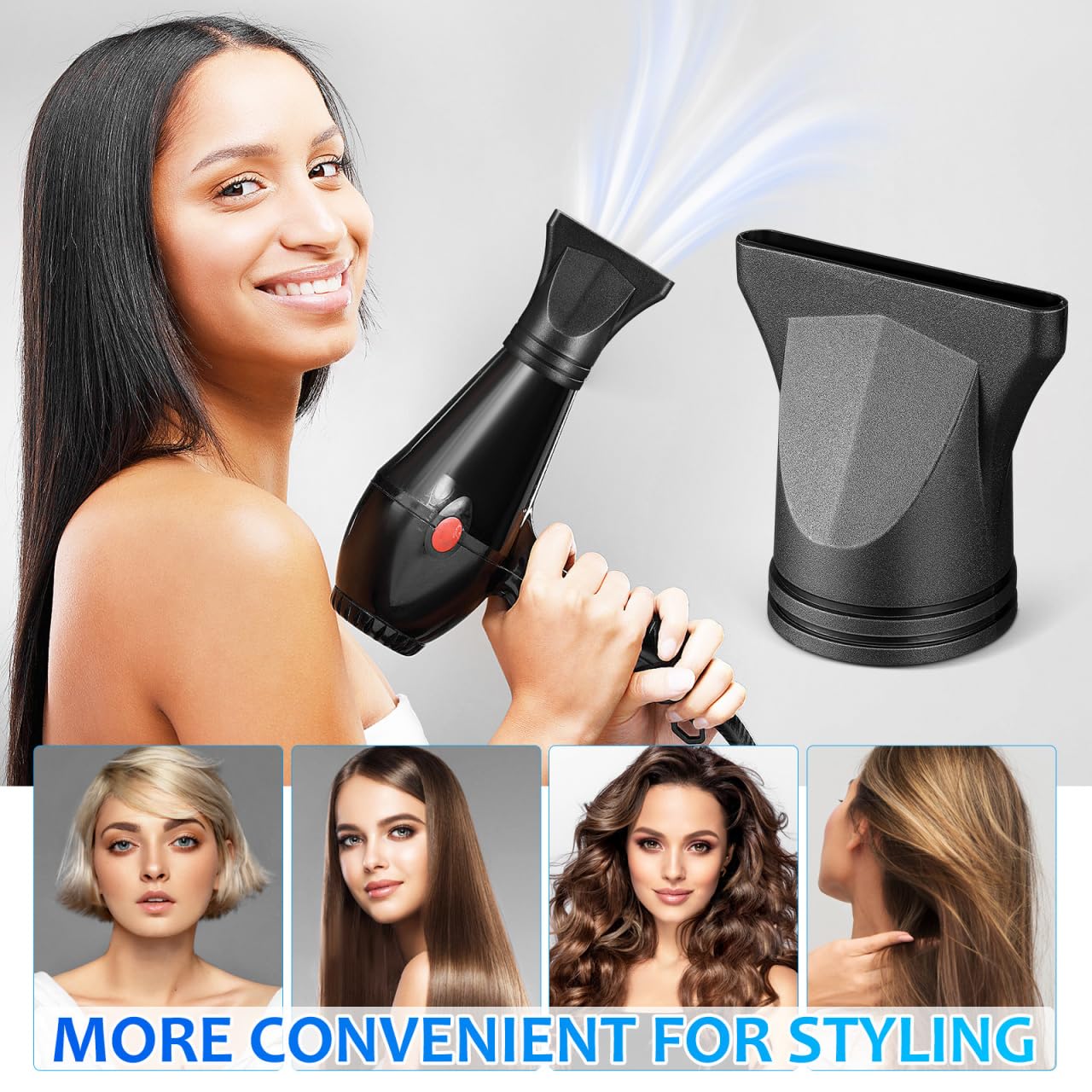 PACKOVE hair dryer concentrator nozzle showing the circular attachment base measured for specific outer diameters.