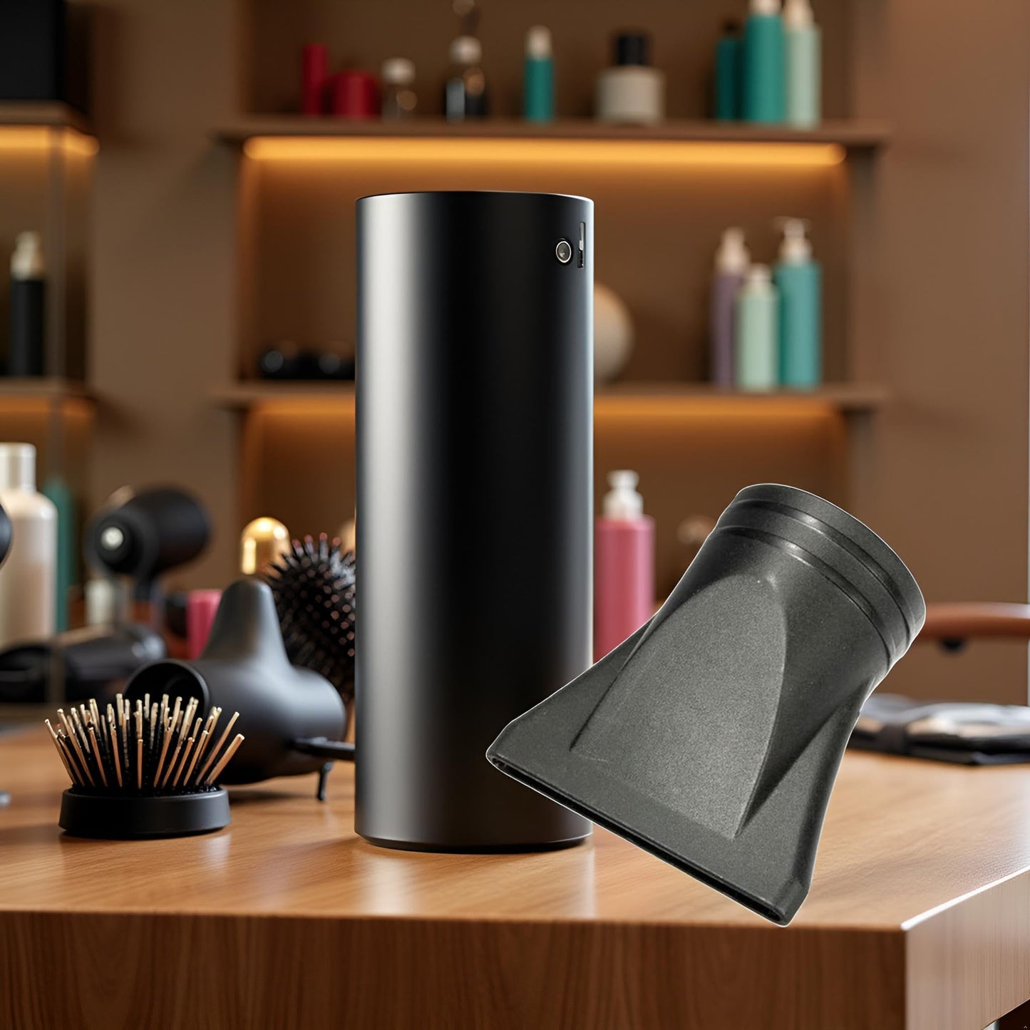 Side angle view of the professional black plastic concentrator attachment for blow dryers.