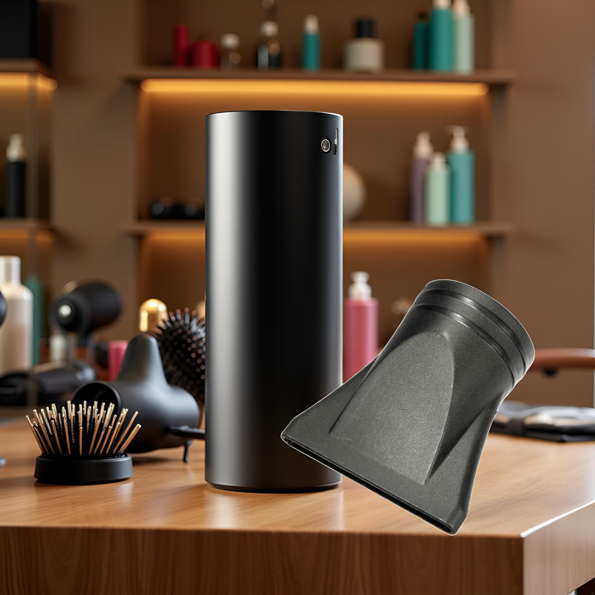 Side angle view of the professional black plastic concentrator attachment for blow dryers.