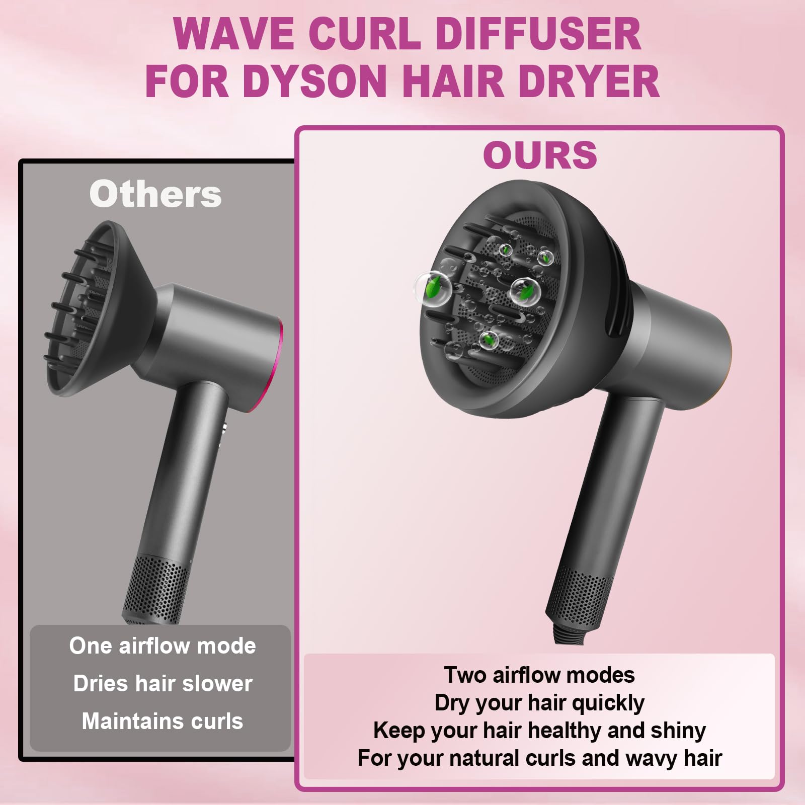 Black dual-mode hair diffuser tool demonstrating the dome setting for styling wavy hair patterns.