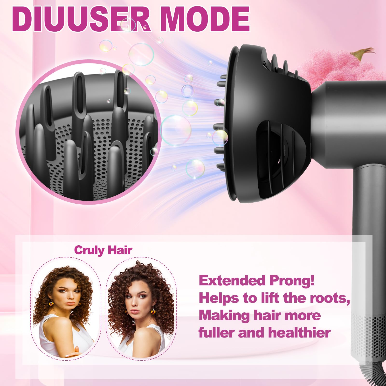 Two-in-one wave and curl styling attachment illustrating the uniform airflow distribution layout.