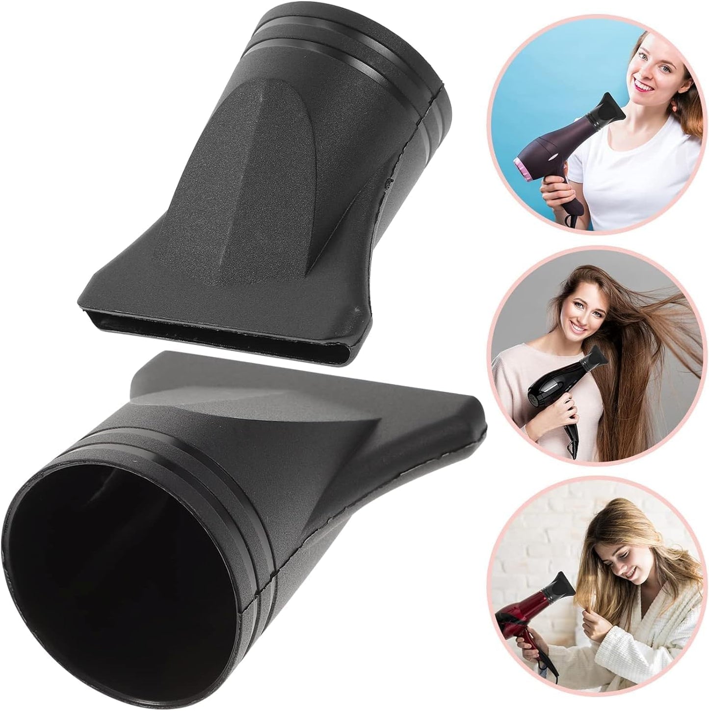 Two pack black plastic hair dryer nozzles side by side emphasizing the durable salon grade construction.