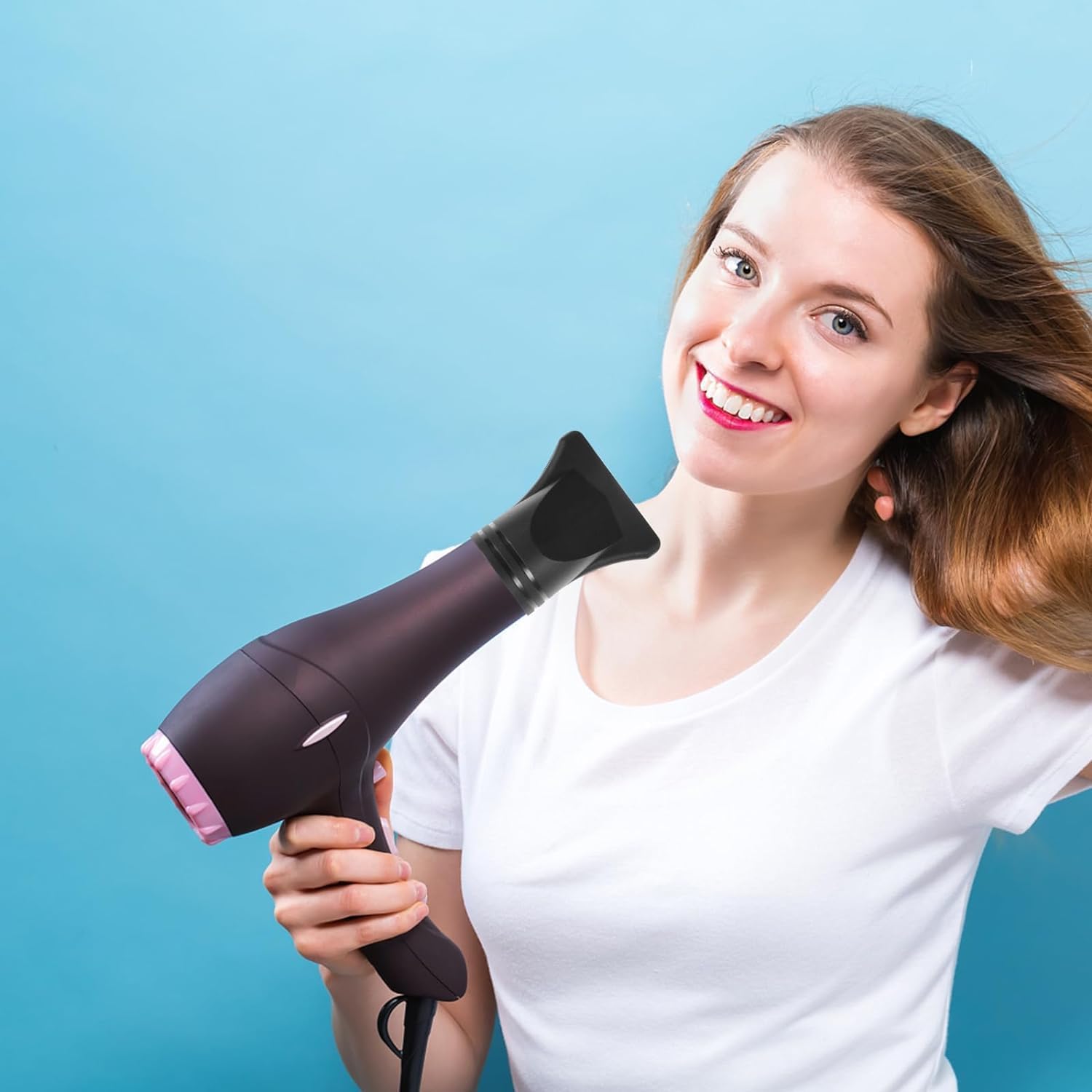 Product packaging layout of the two piece professional hair dryer replacement nozzles for precision home blowouts.