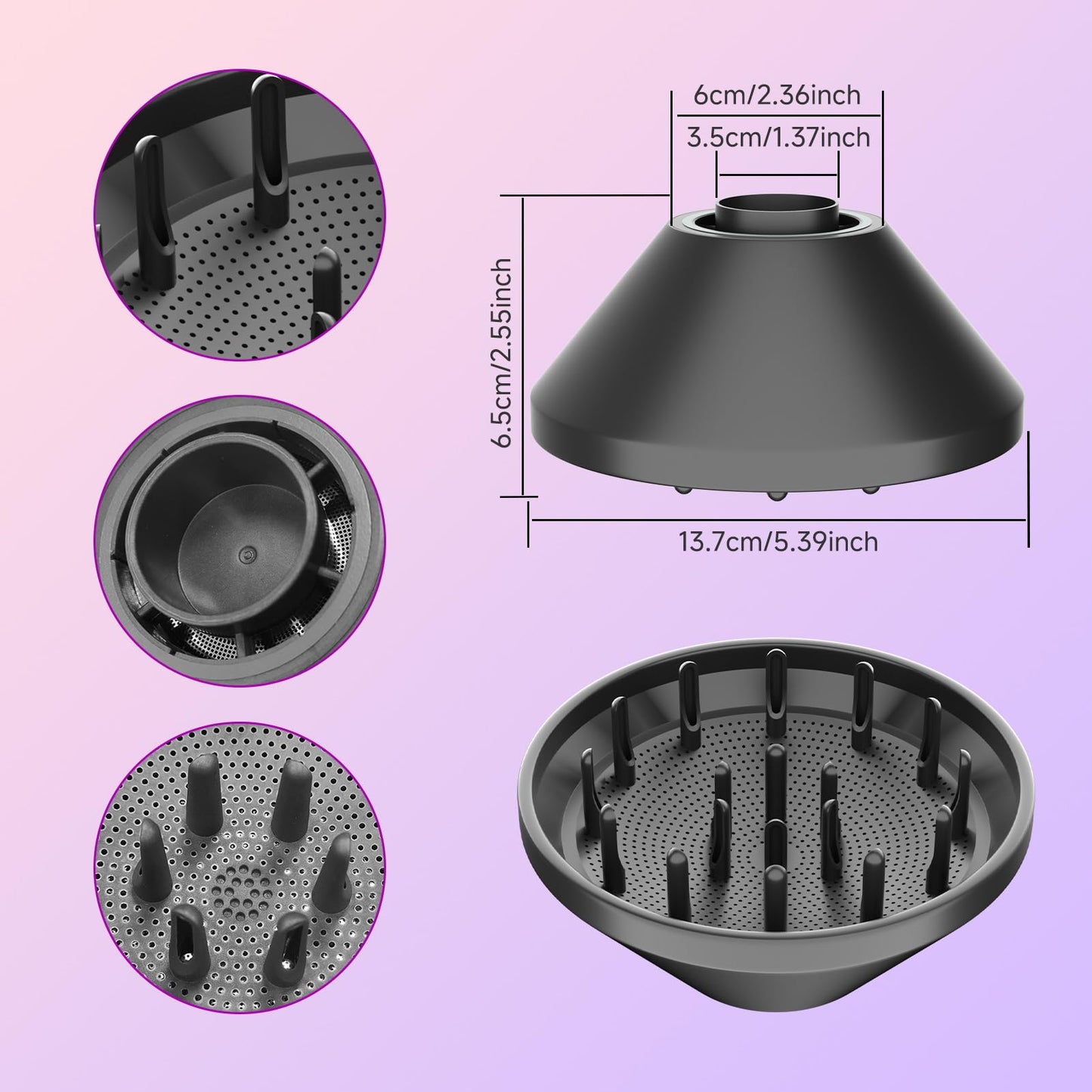 Side view of long prong hair dryer nozzle attachment for thick textured hair