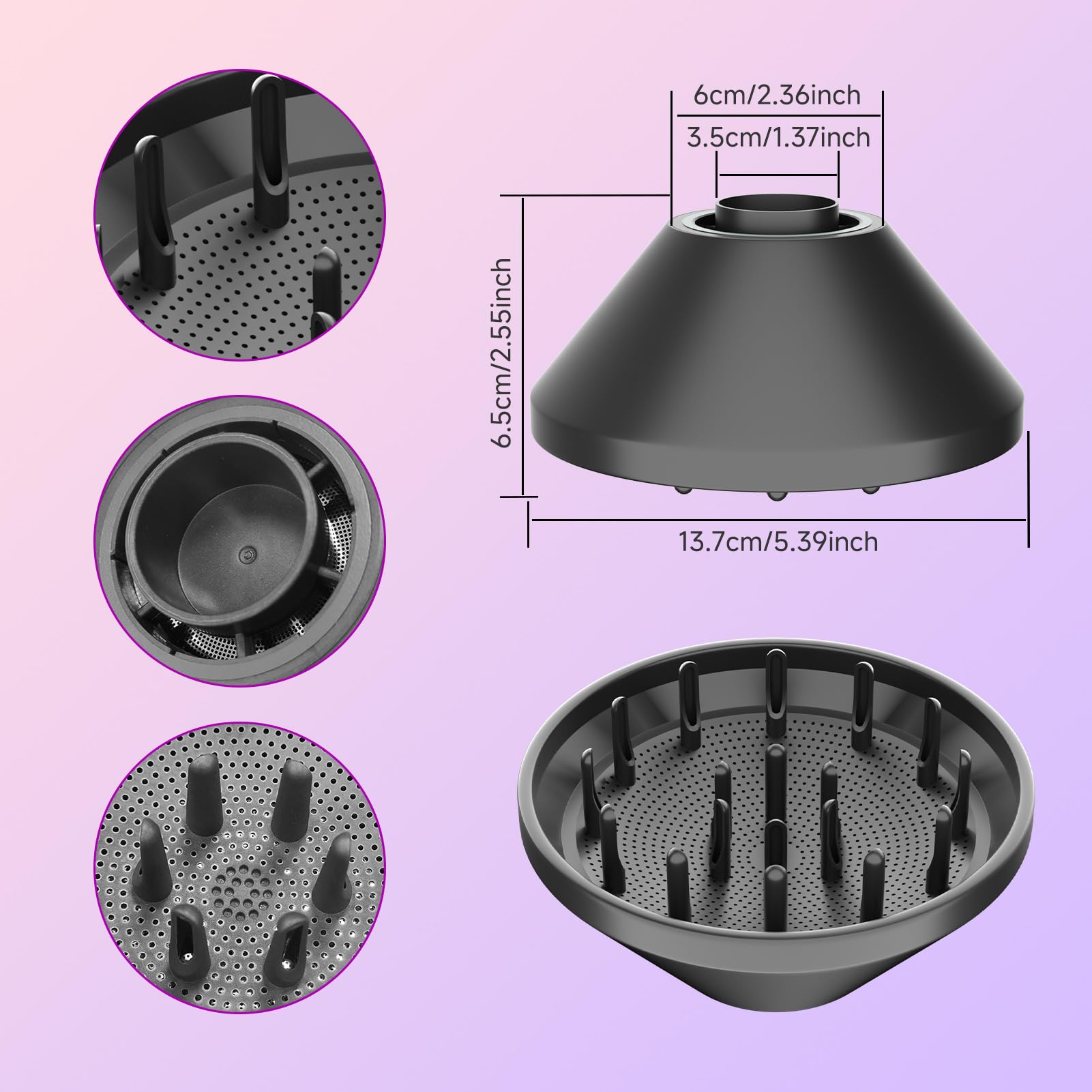 Side view of long prong hair dryer nozzle attachment for thick textured hair