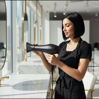 Close up view of the durable plastic styling nozzle designed for high temperature salon use