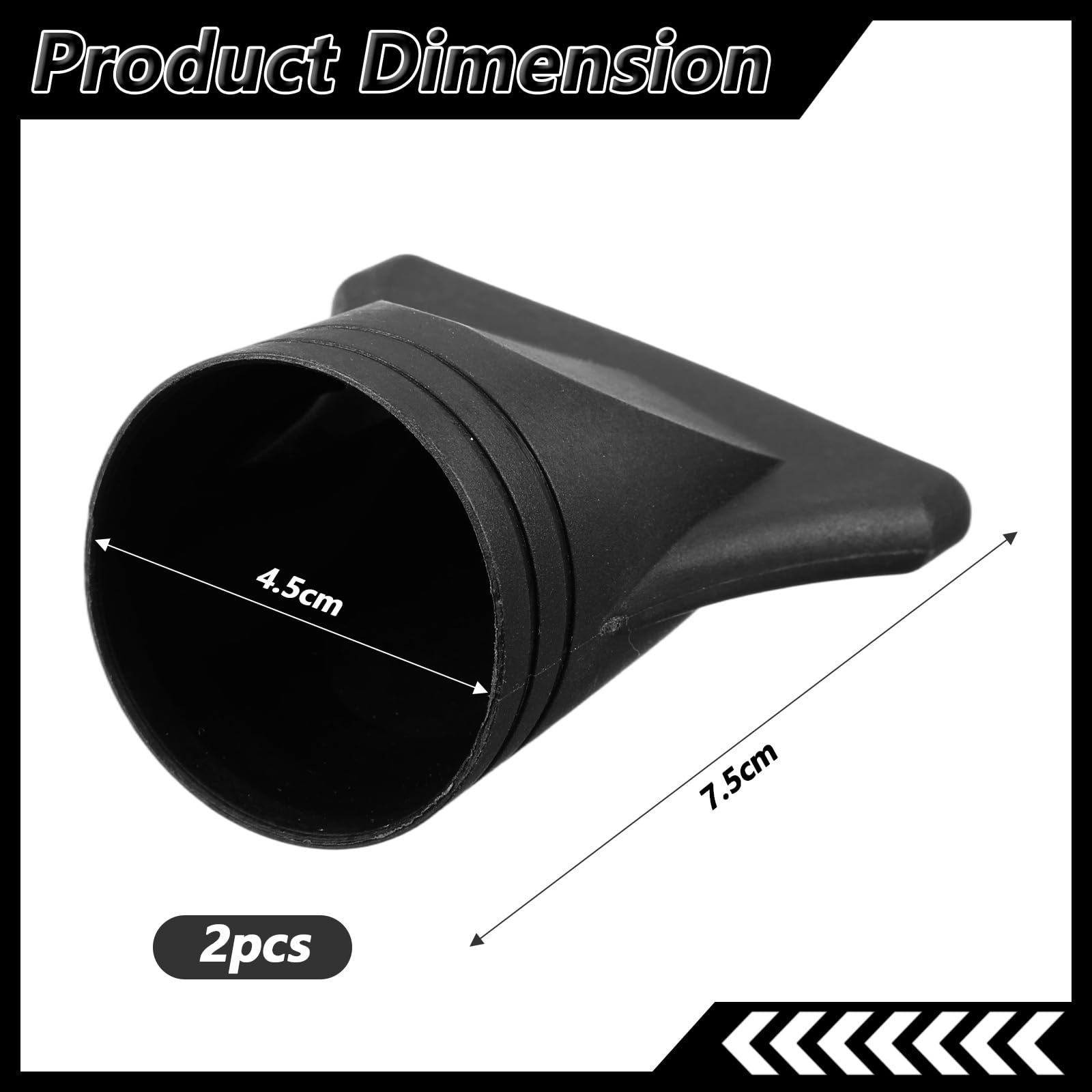 Two count package of black nylon replacement blow dryer nozzles highlighting the four point five centimeter inner diameter.