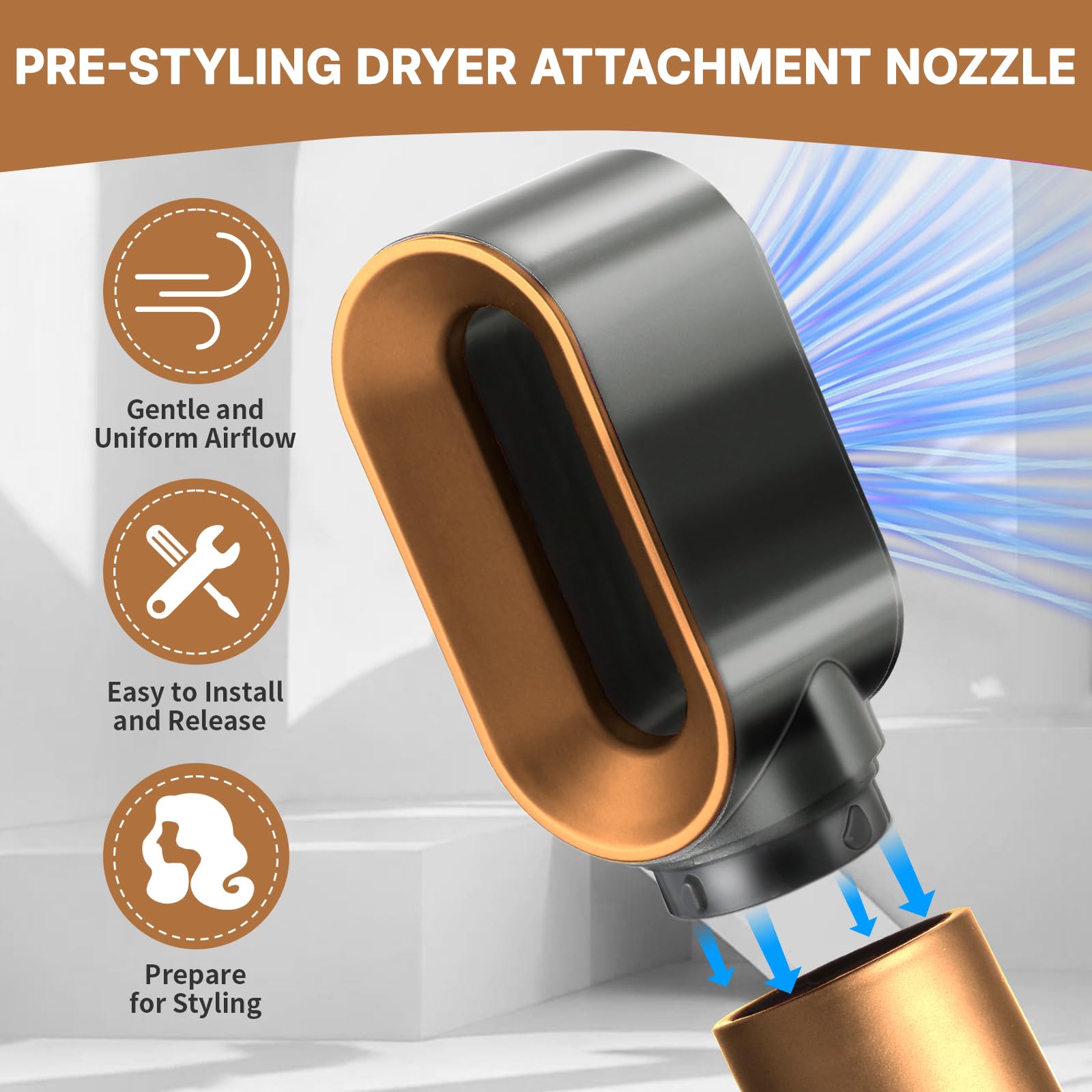 Close up look at the 360-degree air outlet on the gold replacement pre-shaped nozzle accessory