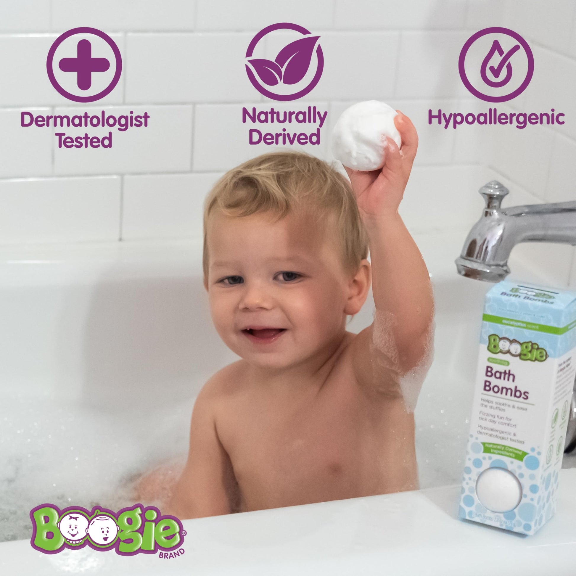 Eucalyptus scented children bath bomb dissolving in warm water releasing calming aromatic vapors.