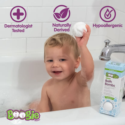 Eucalyptus scented children bath bomb dissolving in warm water releasing calming aromatic vapors.