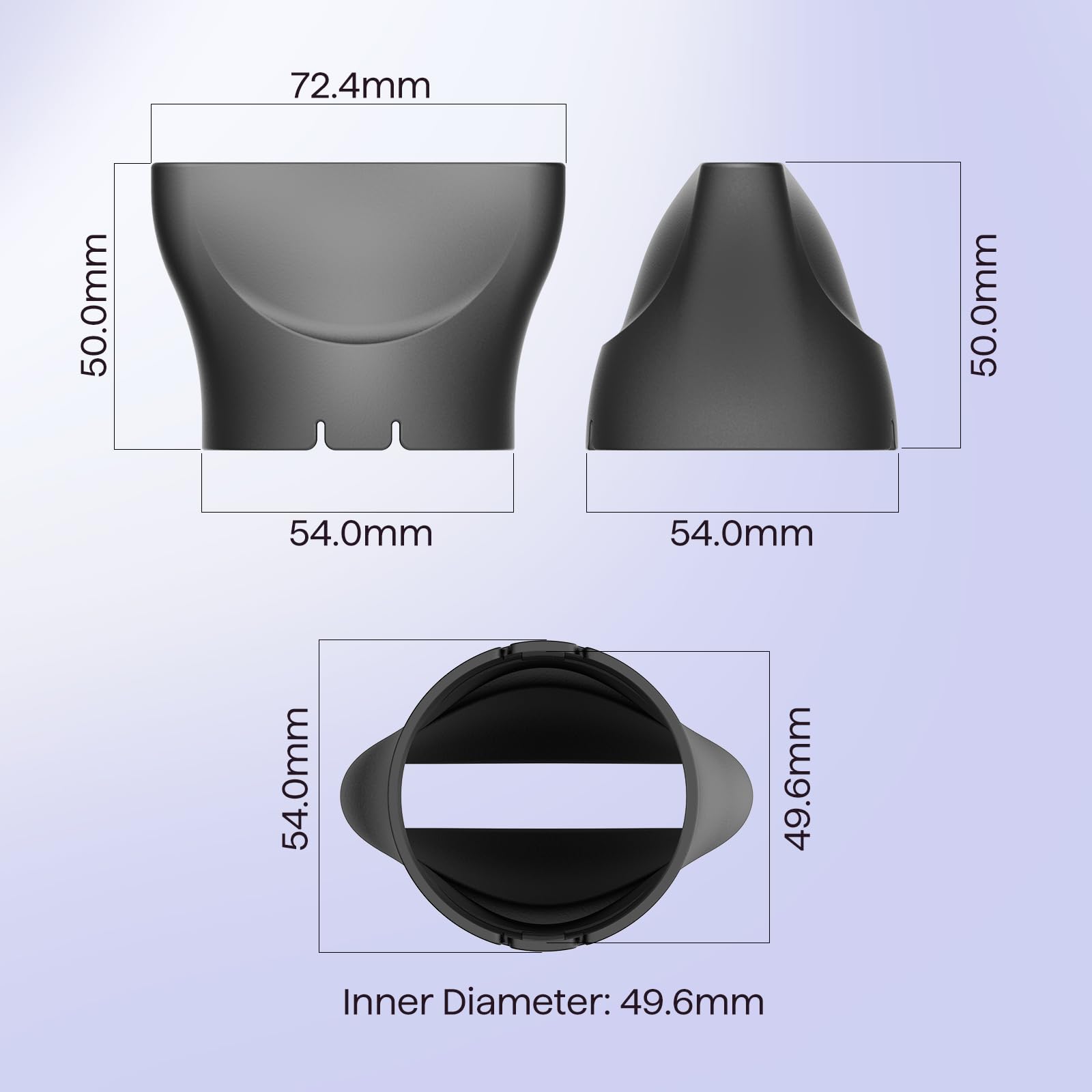 Wavytalk replacement hair dryer attachment showing forty nine point six millimeter attachment interface