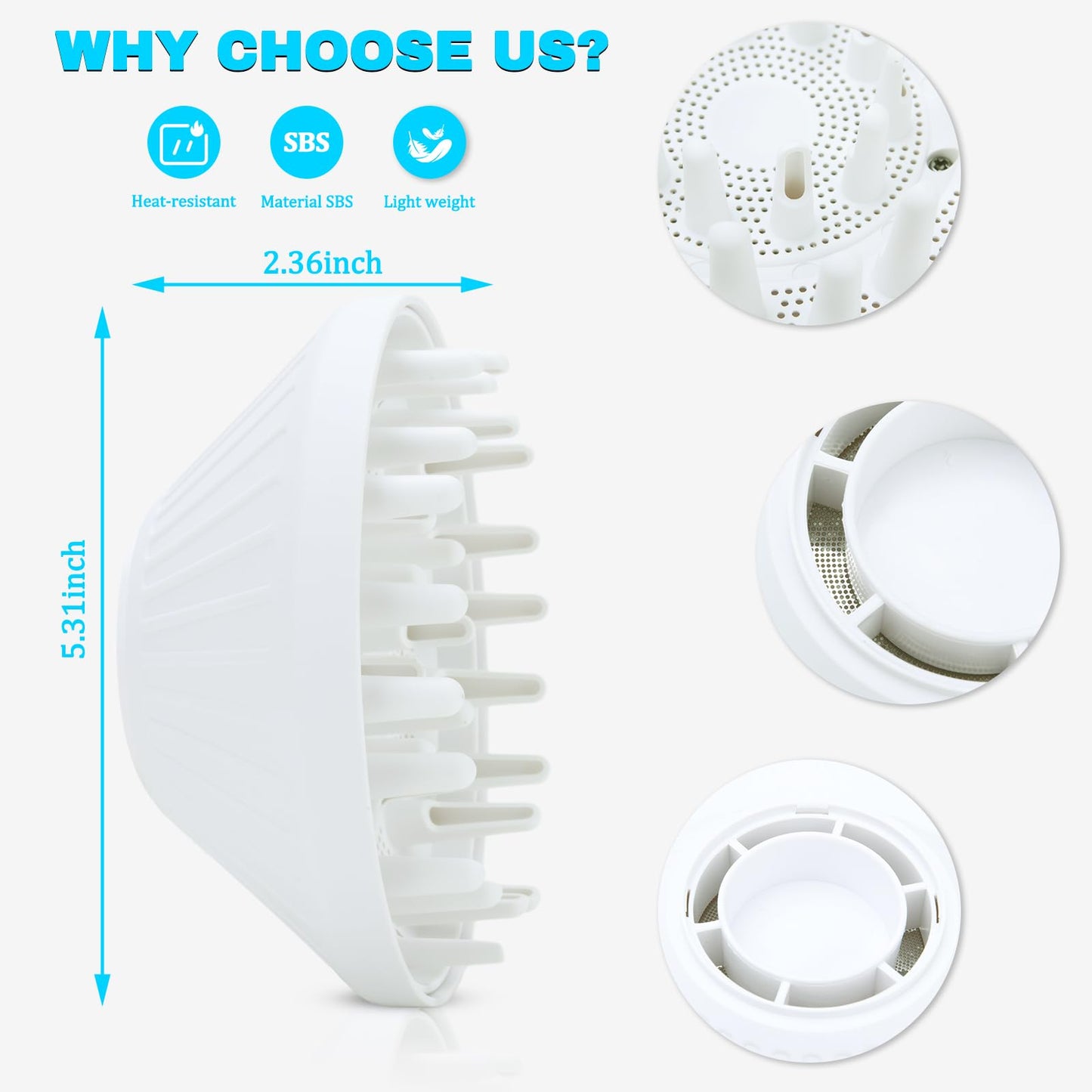 Side view showing the sleek profile of the white curly hair diffuser tool