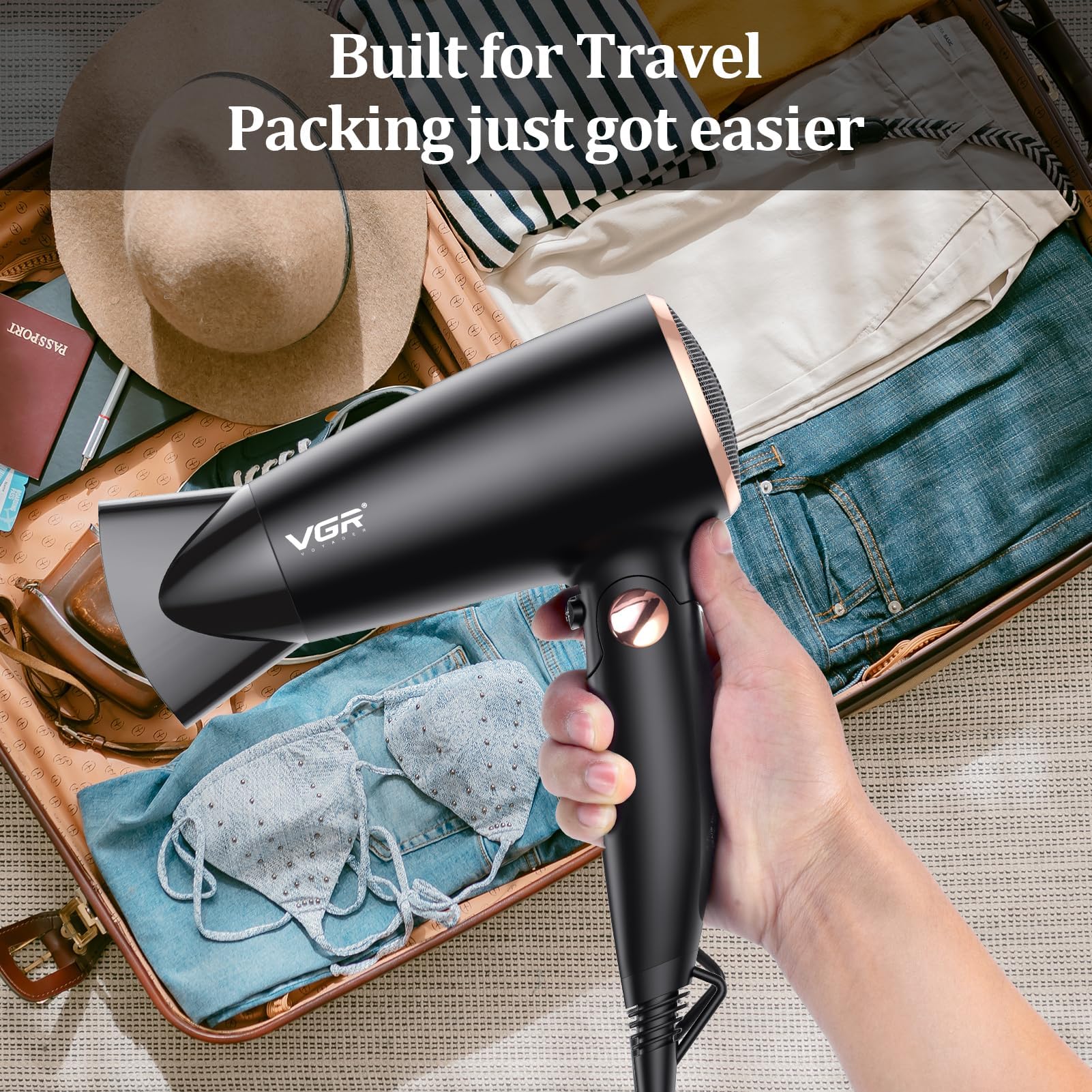 VGR V439 compact blow dryer with the handle folded down demonstrating its portable travel-friendly size.